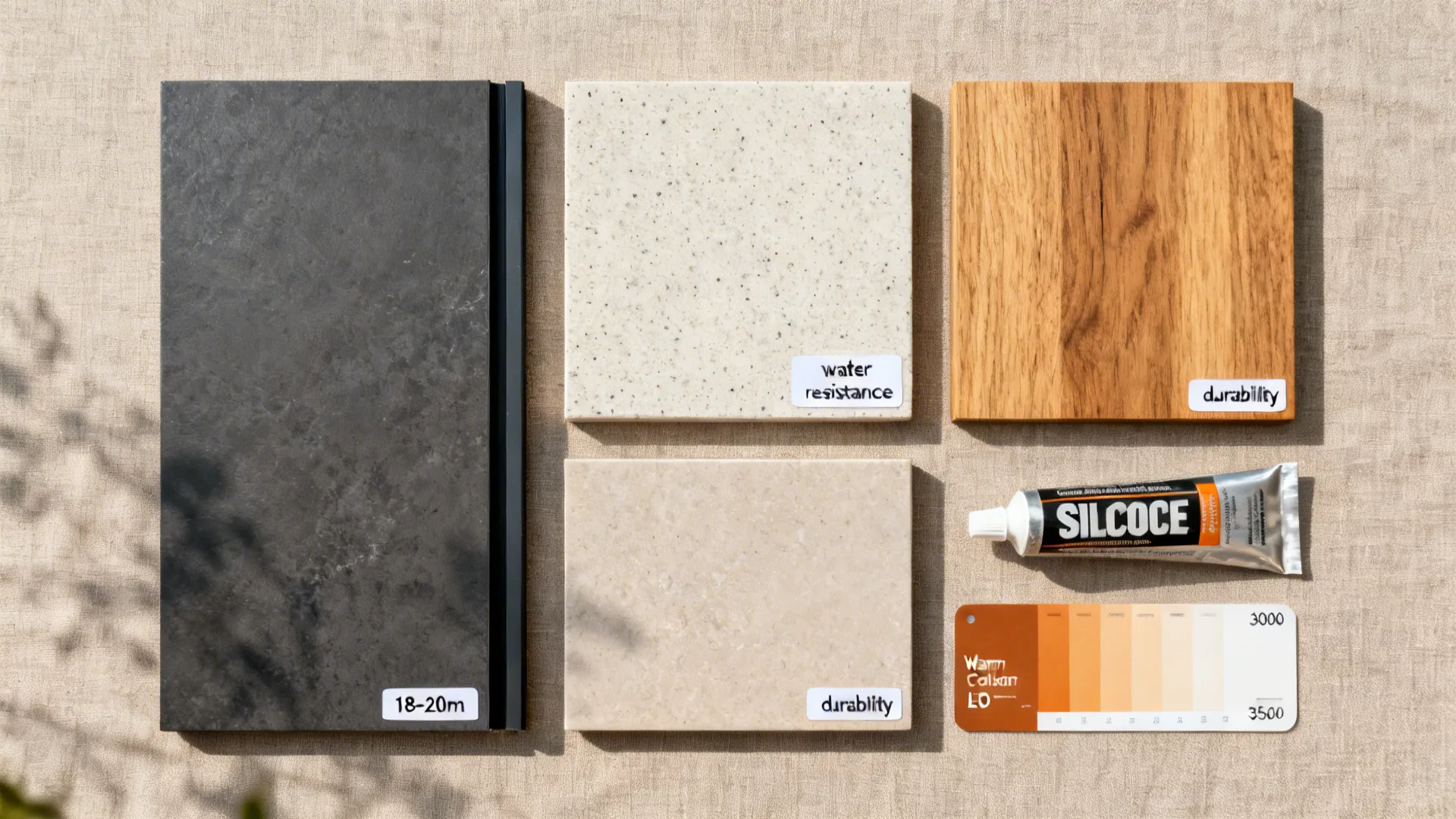Flatlay of compact laminate, quartz, sealed hardwood samples with shadowline edge detail and silicone caulk.