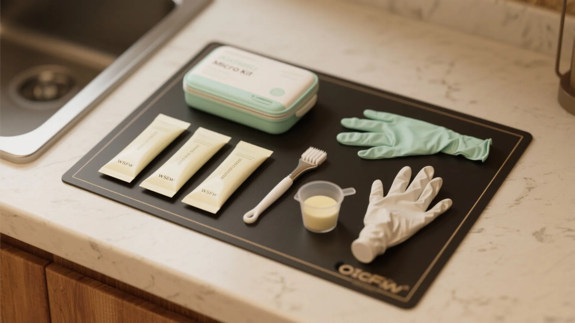 Kitchen countertop with cleaning kit containing small bags, brush, gloves, and a small mixing cup