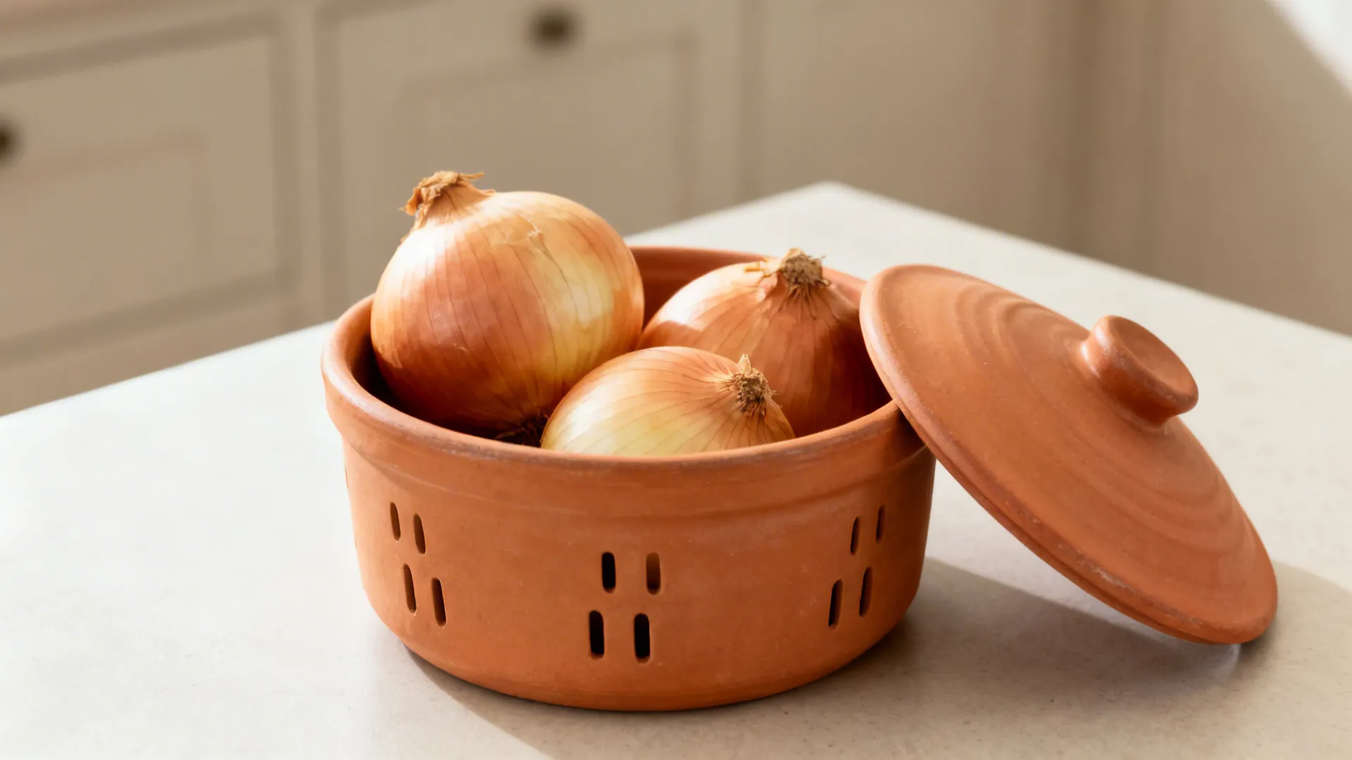 Ventilated ceramic crock on a small kitchen counter holding a few onions for daily use.