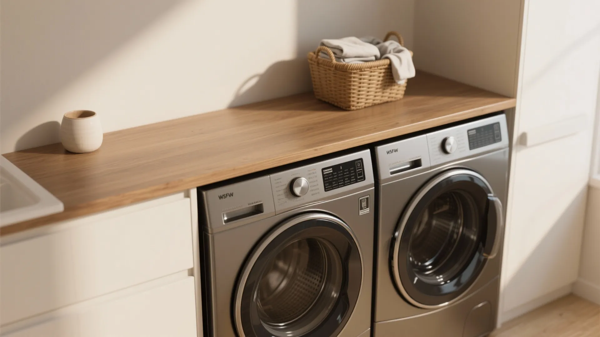 Wooden countertop over silver washing machines with a small basket and white cup in sunlight