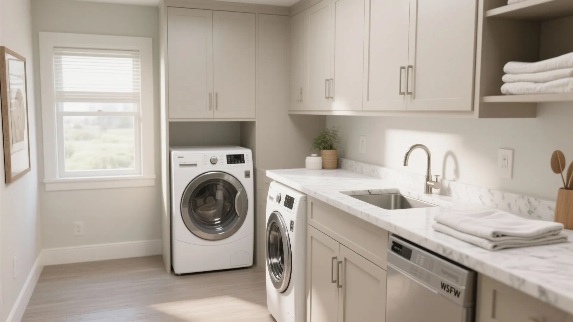 White washing machine under a marble countertop with a sink and beige cabinets in laundry