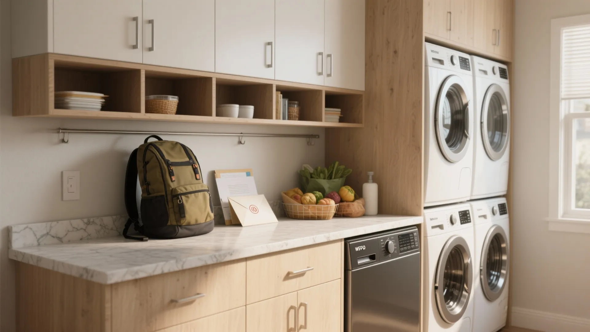 Modern laundry room with white cabinets marble countertop stacked washing machines backpack and wooden storage shelves