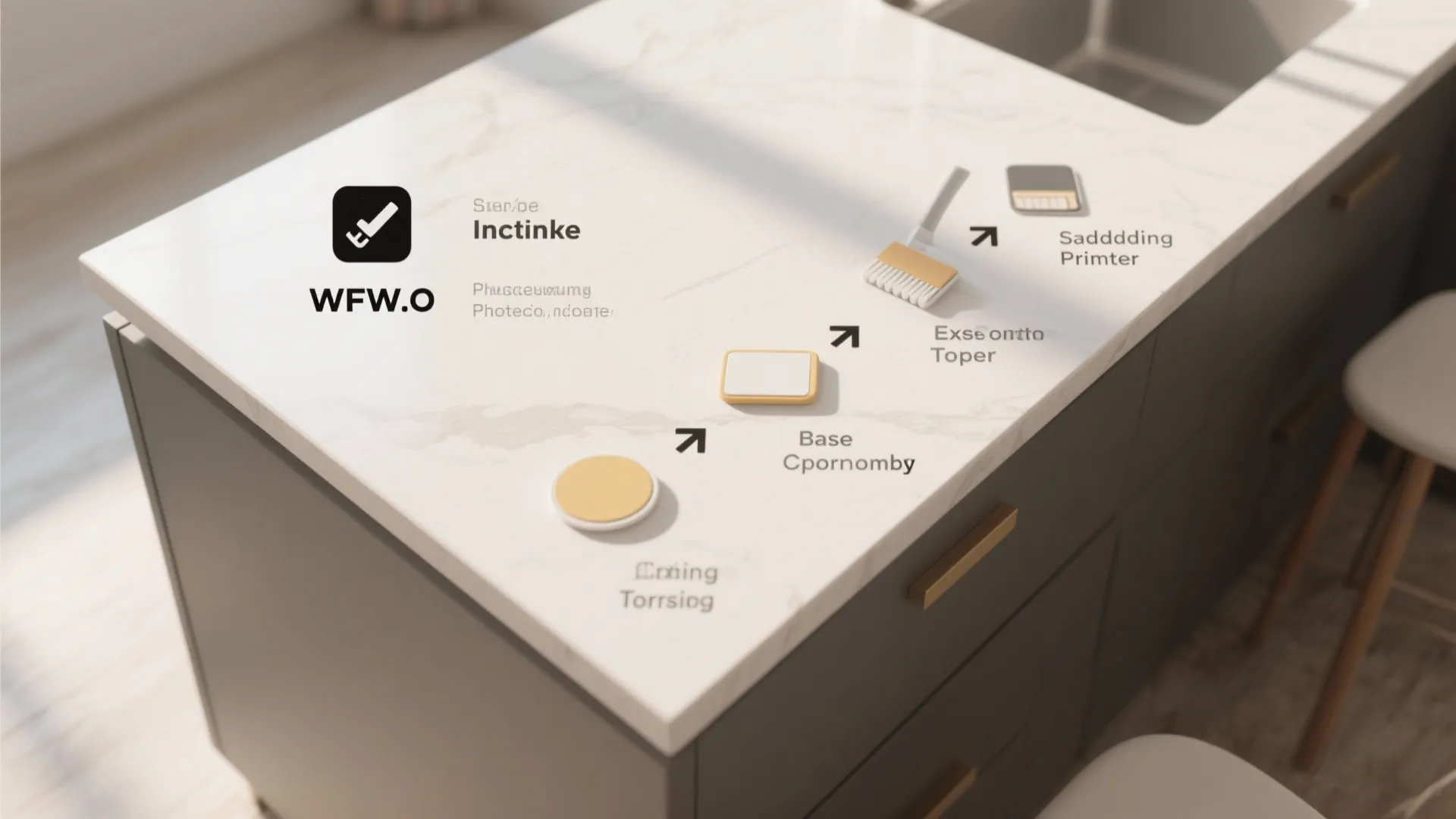 Infographic showing four steps to paint a kitchen countertop using primer, paint, and clear finish