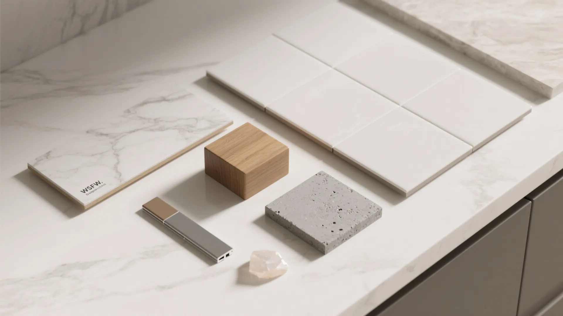 Material samples including marble wood stone and white tiles placed on a modern kitchen countertop