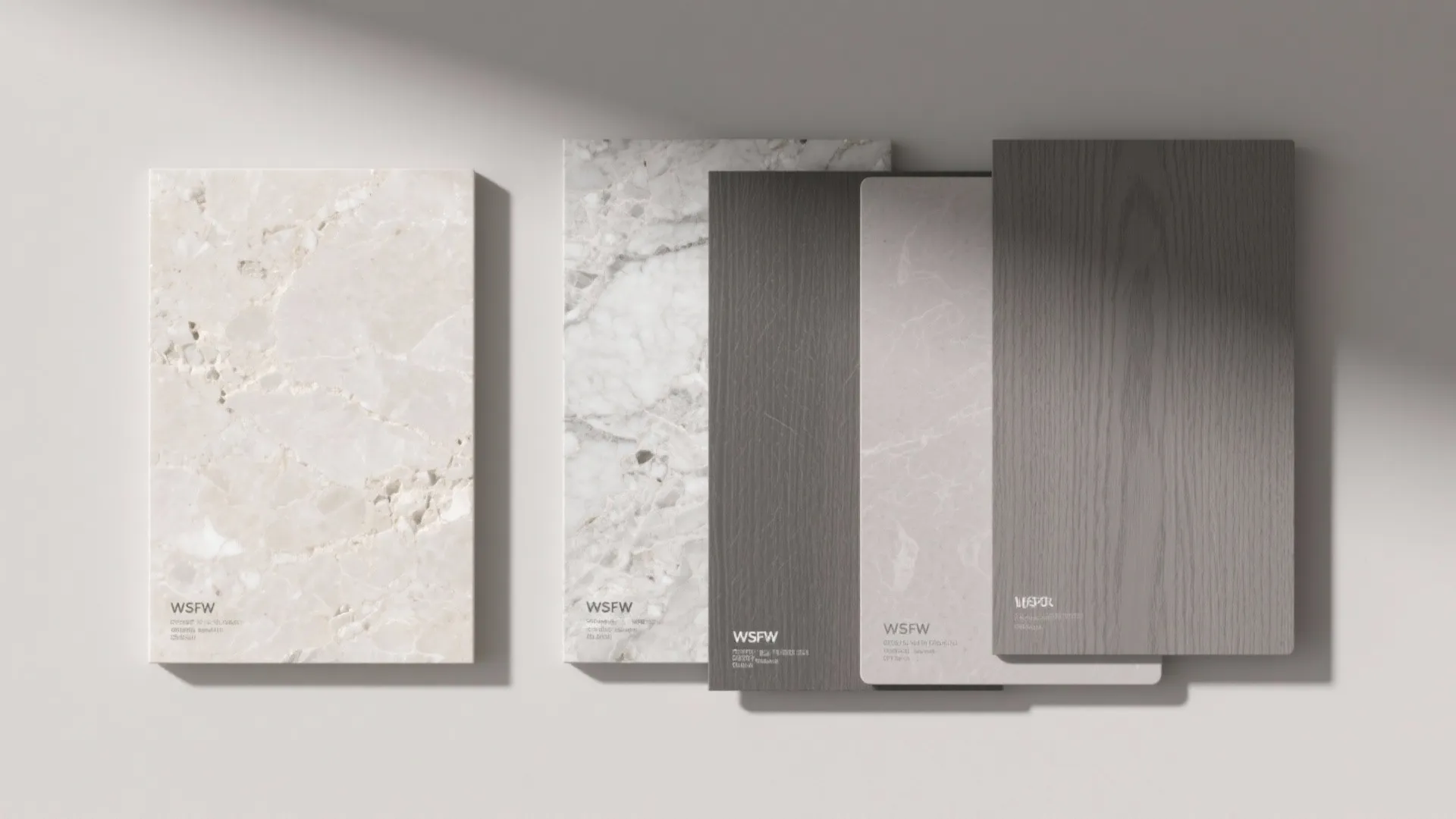 Collection of marble and grey wood material samples for kitchen countertop and interior design projects