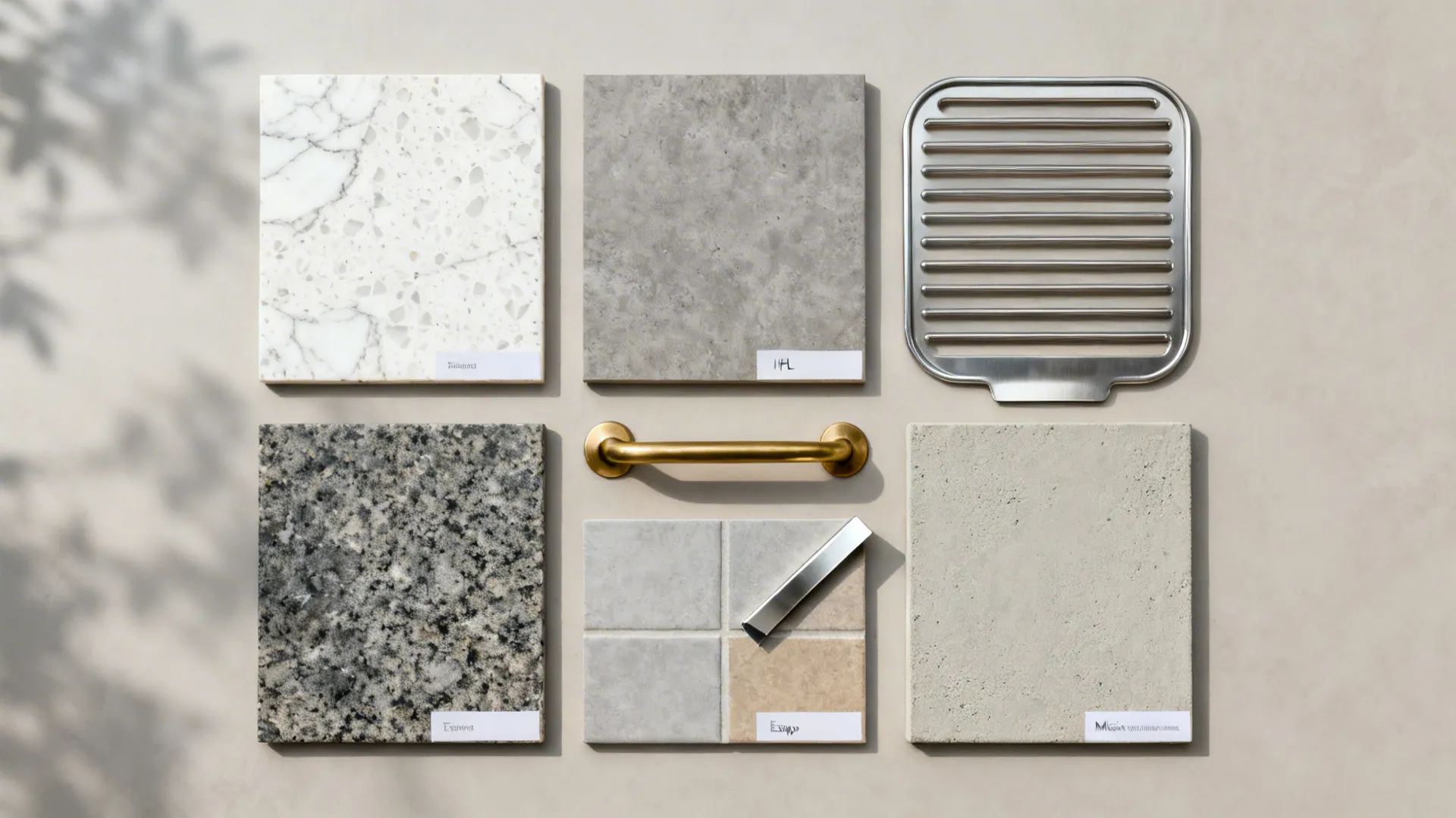 Flat lay of quartz, HPL, granite, porcelain tile, and microcement samples with hardware.