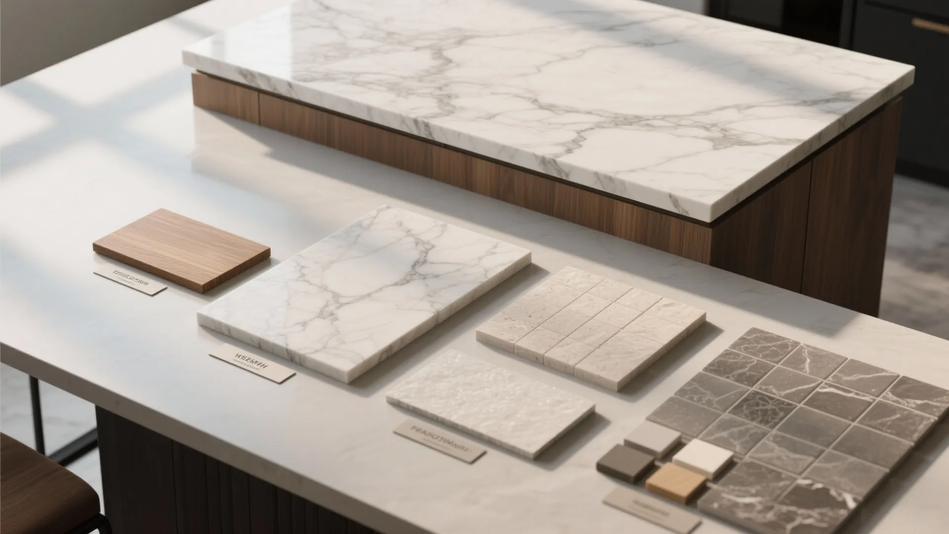 Flatlay of quartz and marble-look countertop samples with wood and tile swatches to compare finishes.