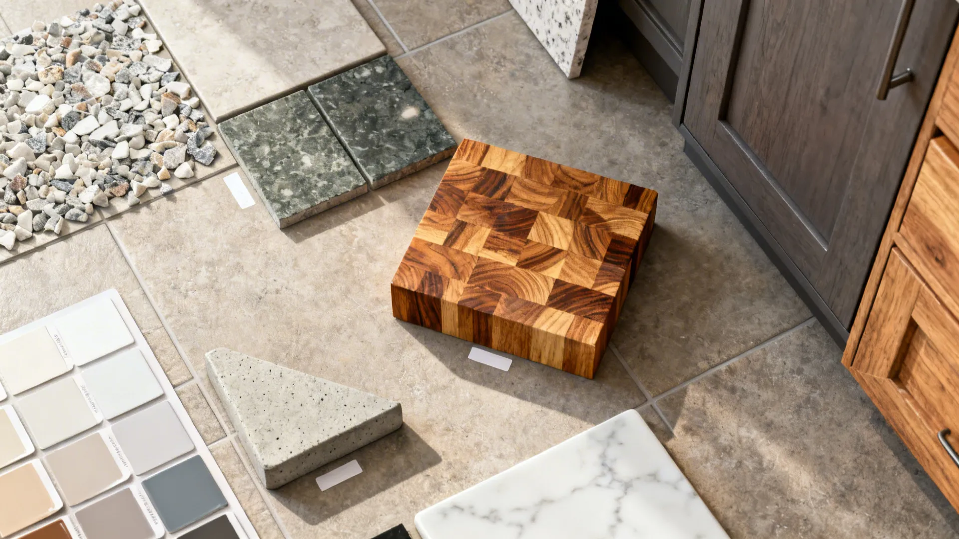Top-down flatlay of countertop samples, paint chips, and wood cabinet sample for mockups and color testing.