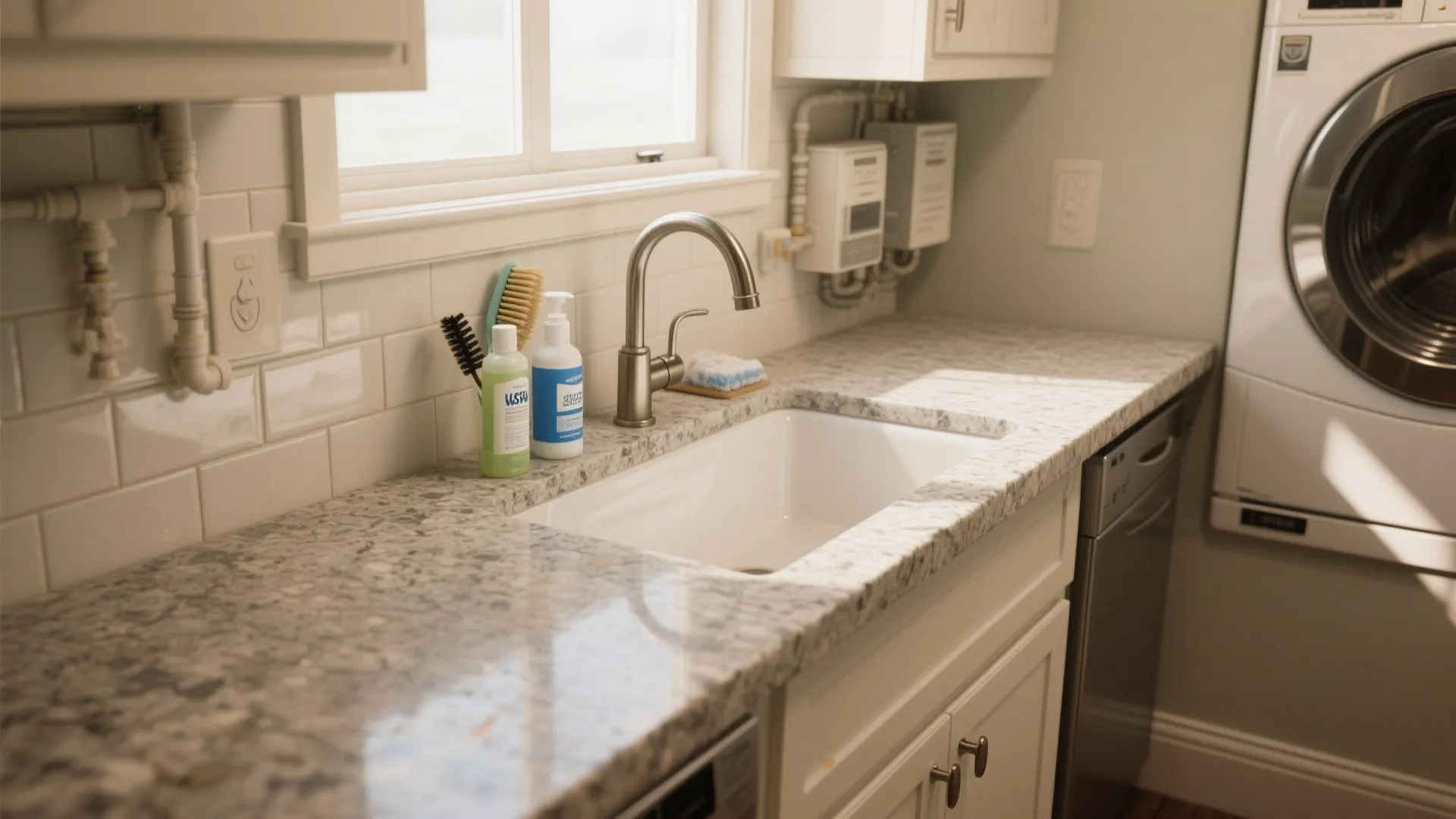 White laundry sink on granite countertop with a metal faucet next to a washing machine
