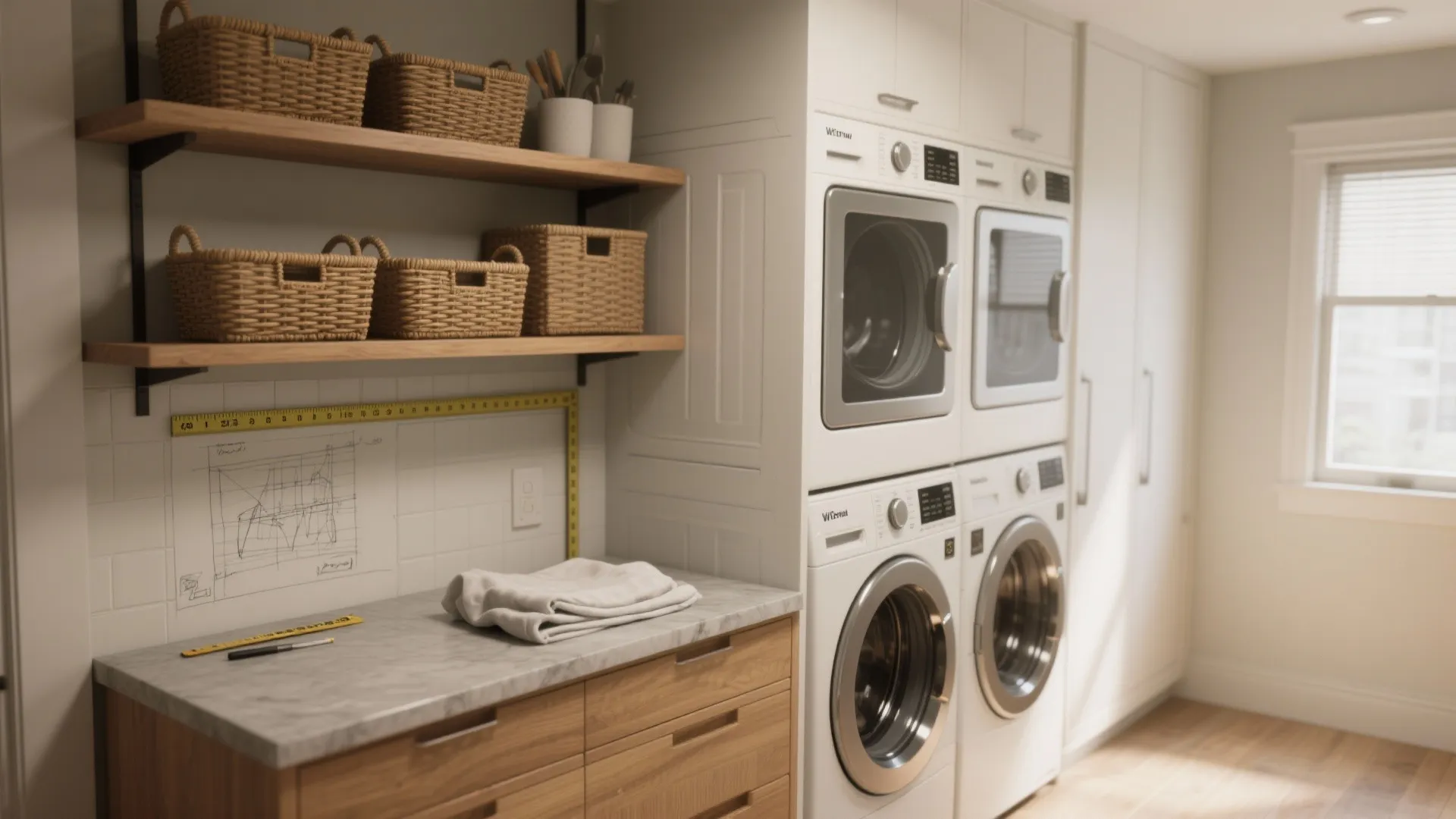 Modern laundry room with stacked machines marble countertop wooden drawers and shelves with wicker baskets
