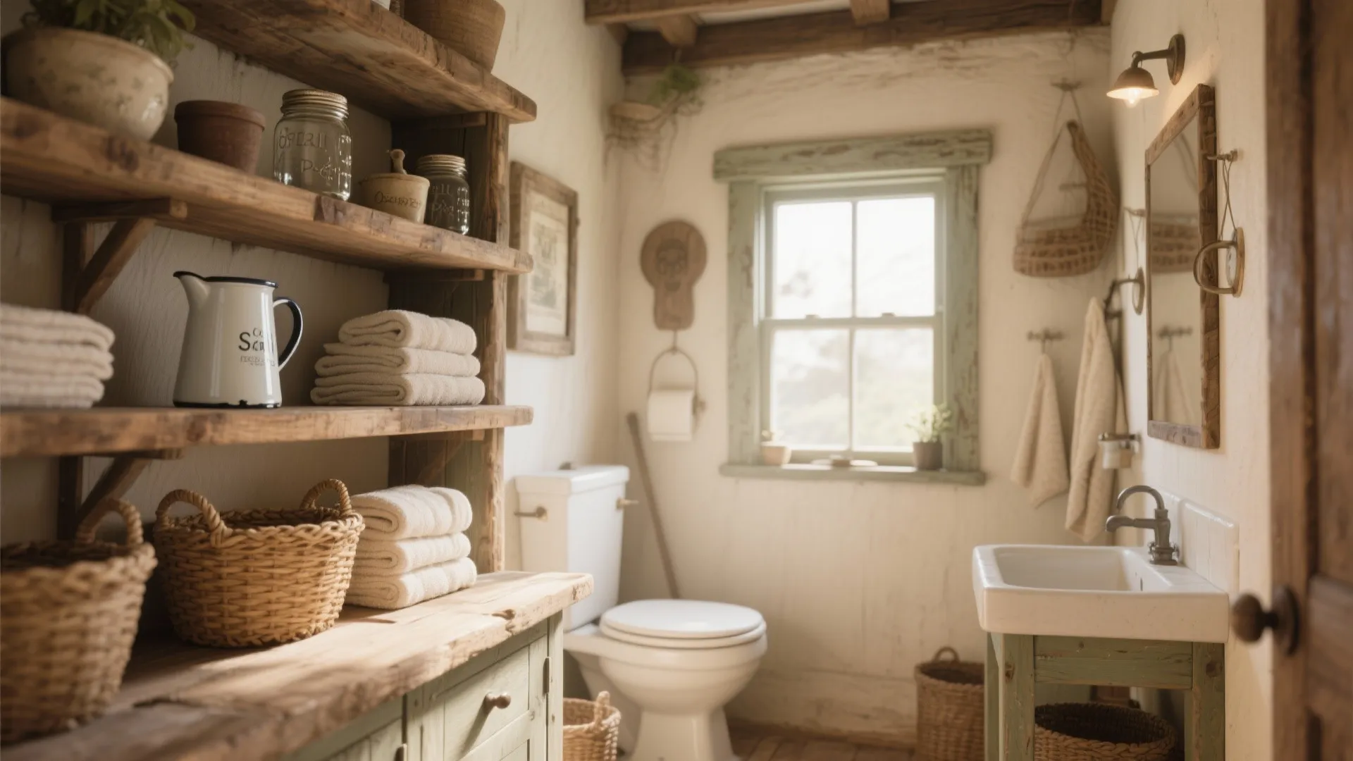 Rustic country bathroom with wooden shelves folded white towels woven baskets toilet and a small window