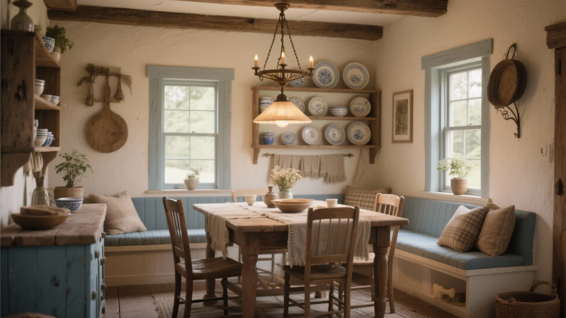 Rustic dining room with wooden table blue bench seating ceiling light and blue patterned plates