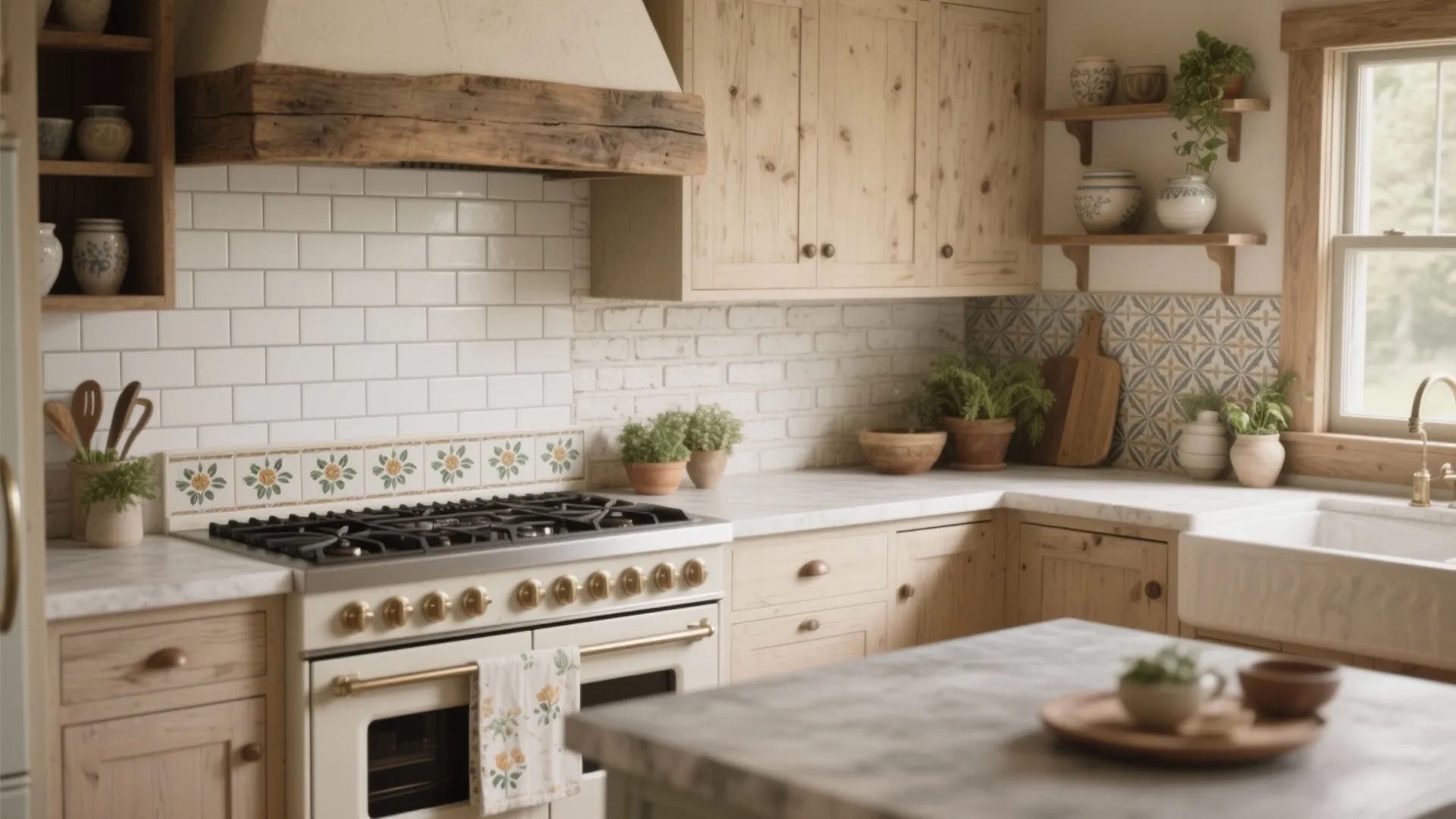 Country style kitchen with light wood cabinets white stove and patterned tiles on the wall