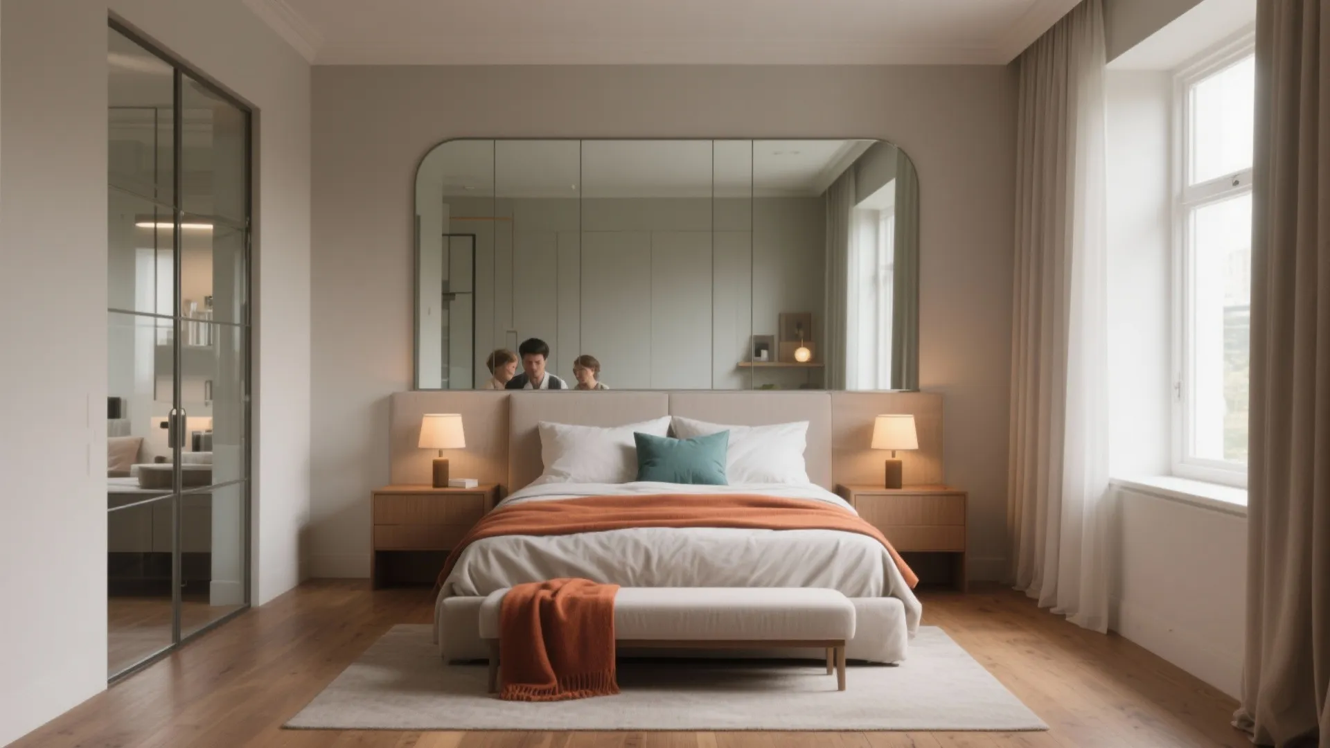 Modern master bedroom with large wall mirror wooden bedside tables orange blanket and white bed bench
