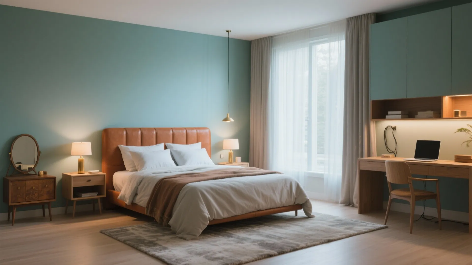 Modern bedroom featuring teal walls leather bed wooden desk chair large window and soft lights