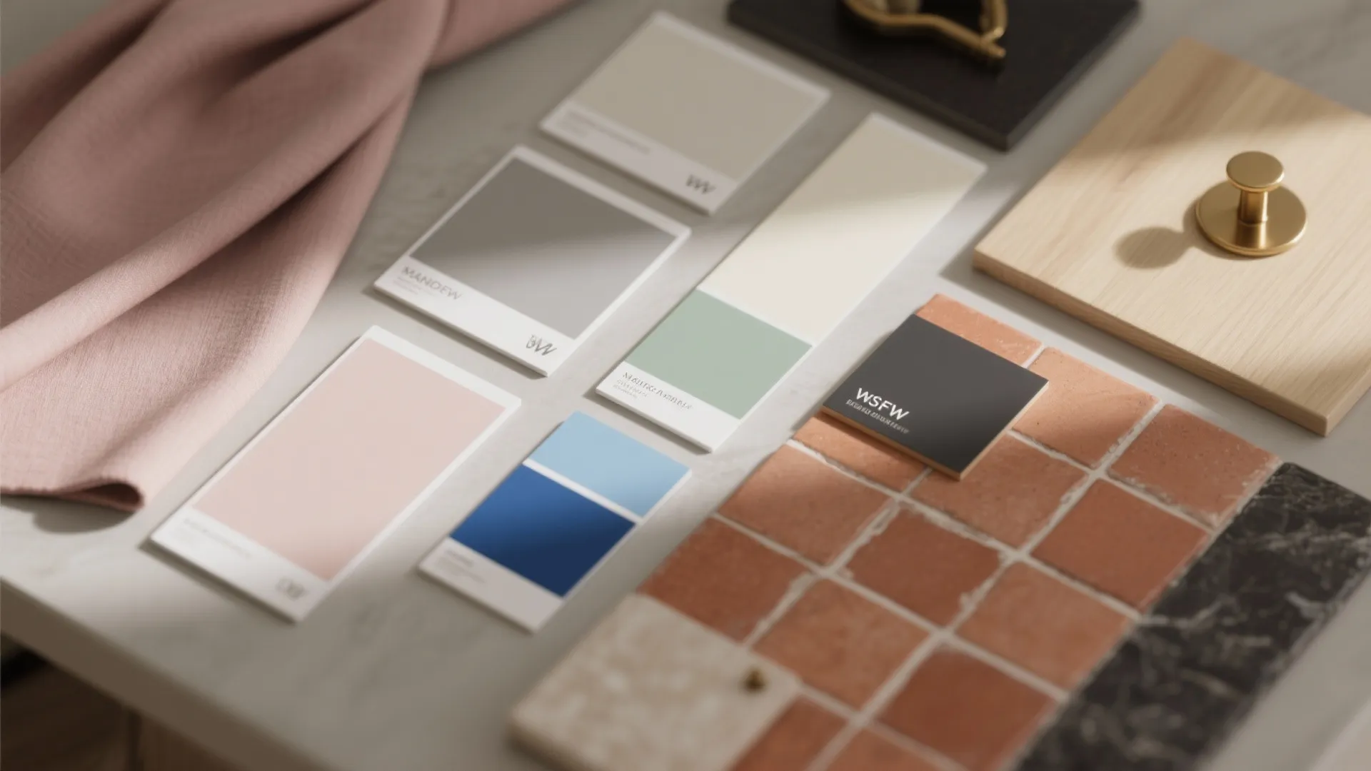 Interior design mood board with color swatches wood piece orange floor tiles and pink fabric