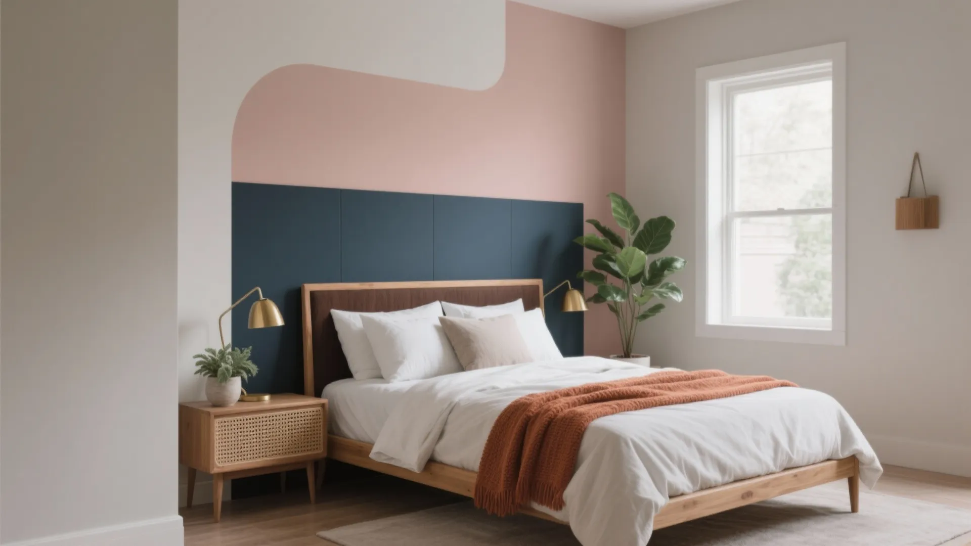 Modern bedroom with pink and blue wall design wooden bed white sheets and orange throw blanket