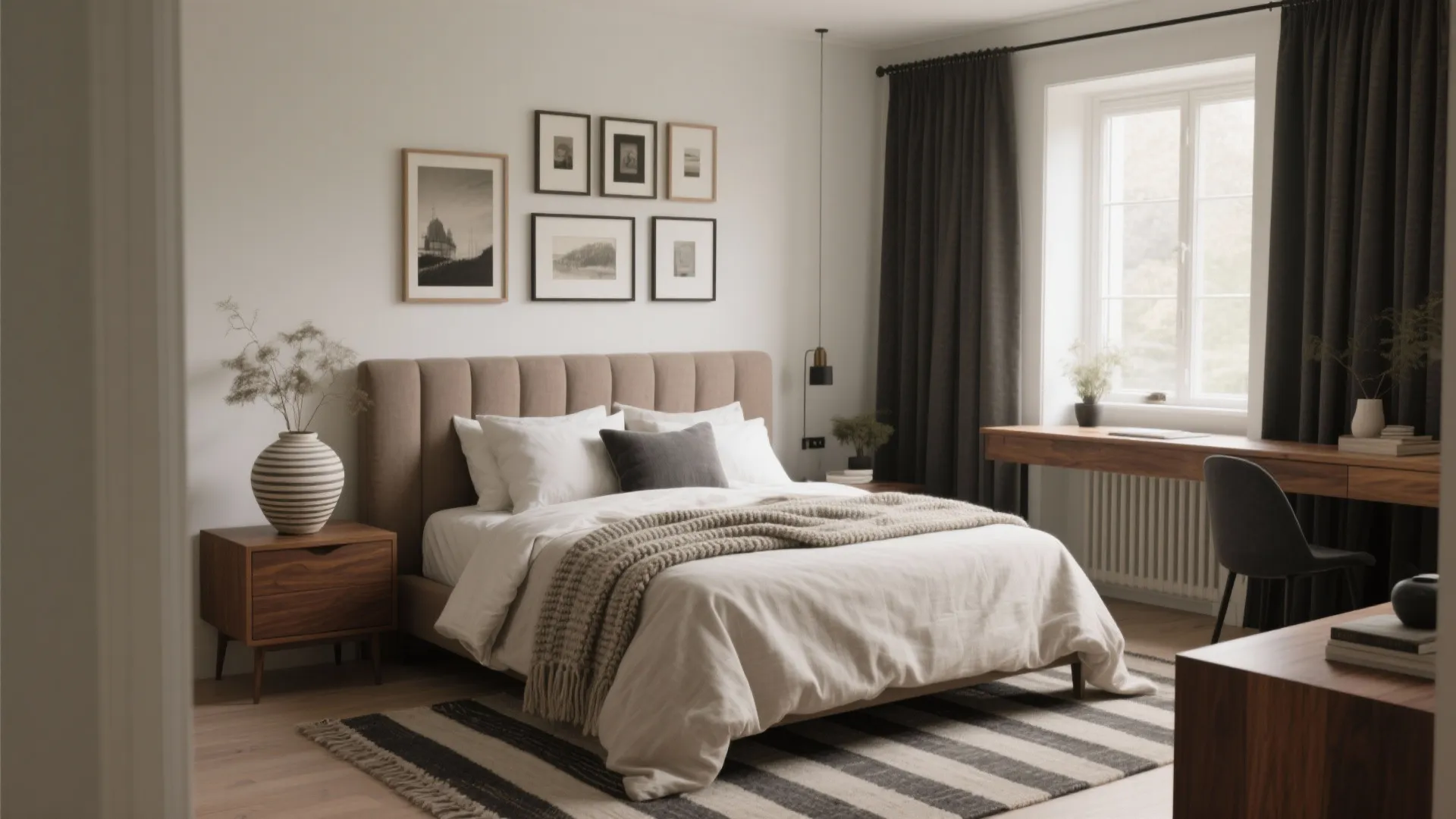 Elegant bedroom design featuring a beige bed frame wooden desk black curtains and gallery wall art