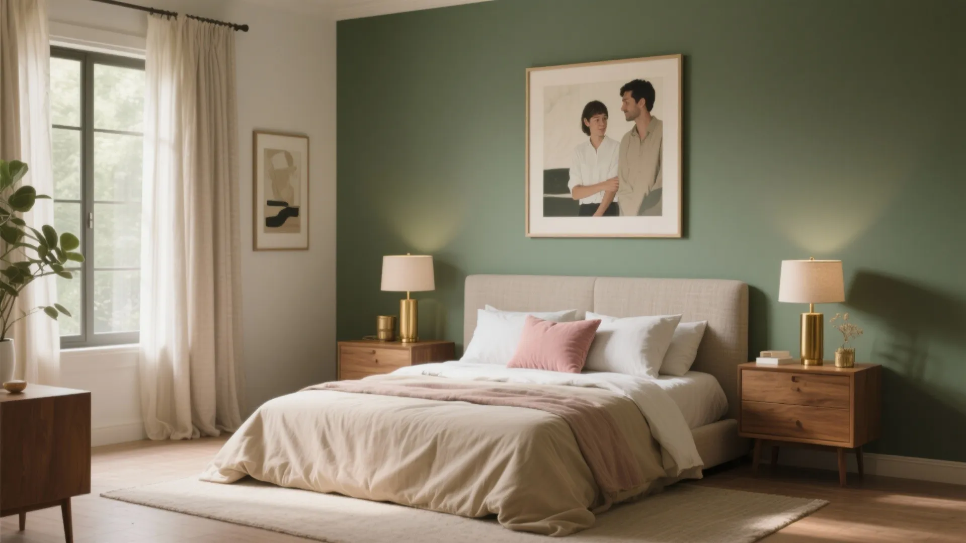 Cozy bedroom with green wall, beige bed, pink pillow, wooden nightstands, and gold table lamps
