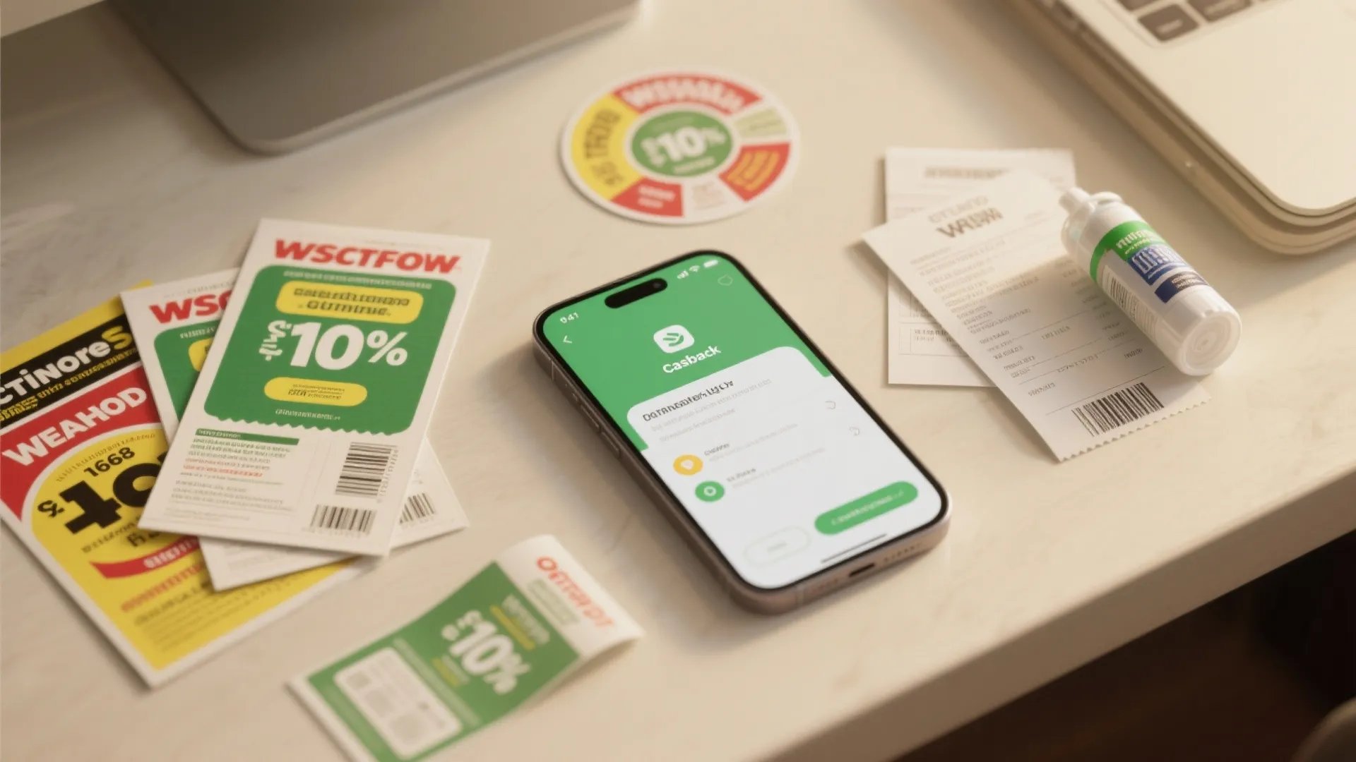 Flatlay of smartphone showing cashback app surrounded by paper coupons and receipts on white desk surface