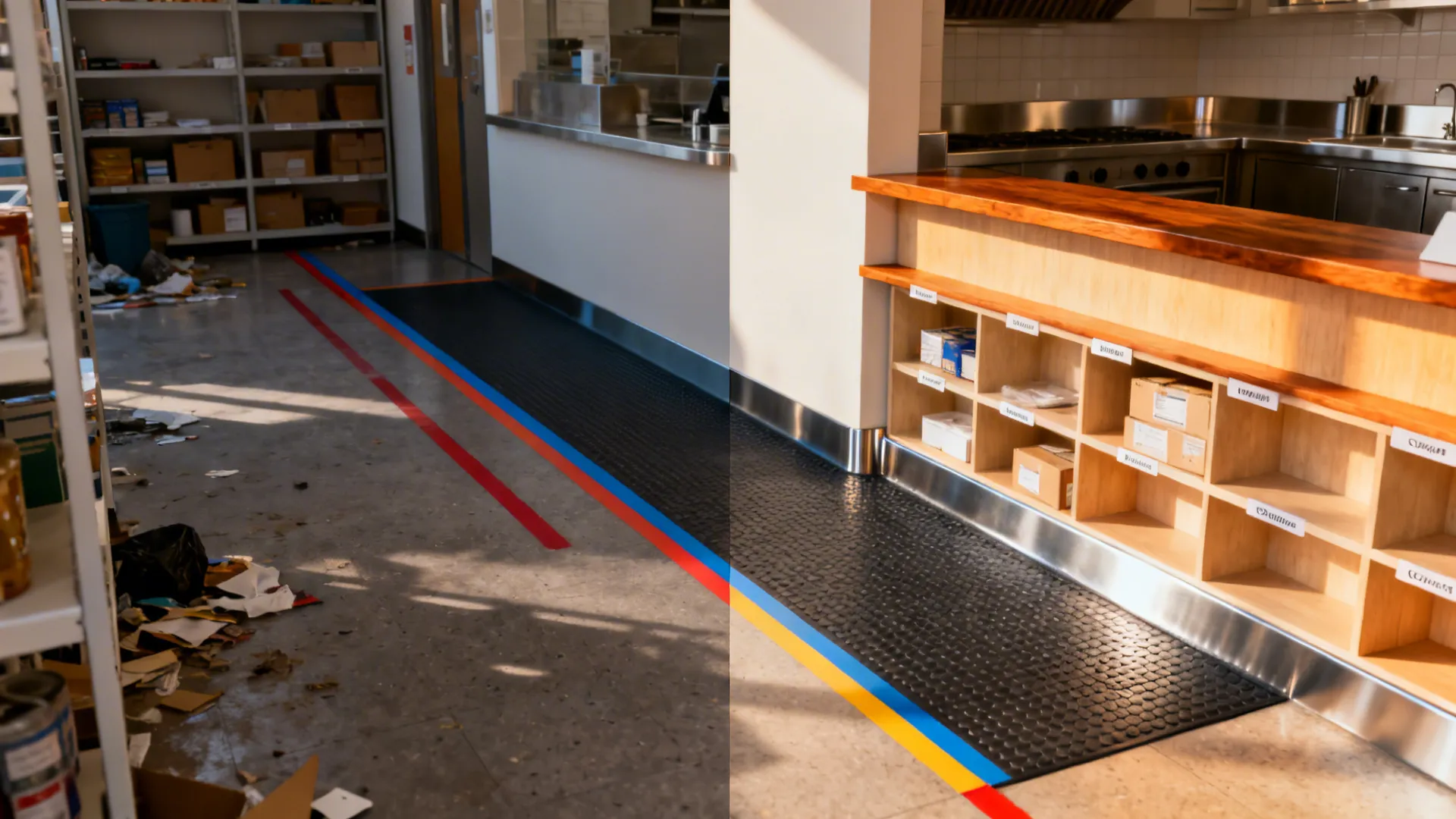 Before-and-after of courier pickup and corridor showing clear safety lines, anti-slip floors, and tidy warm-accent shelves.