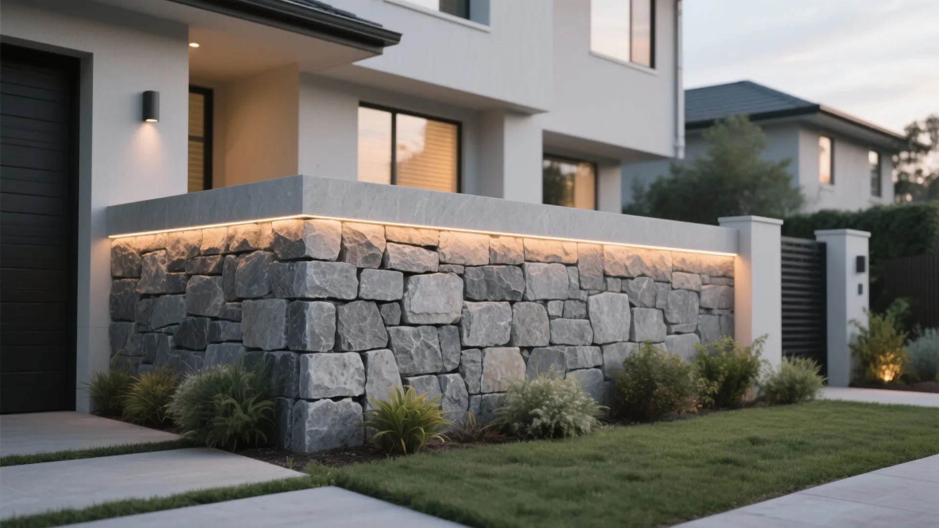 Modern outdoor grey stone wall with hidden warm yellow light strip and small green plants