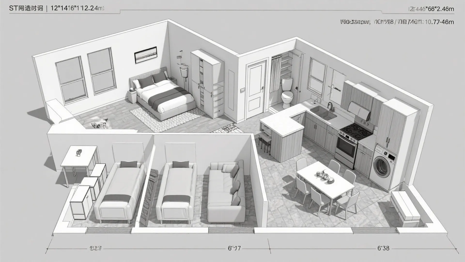 Top-down CAD plan with corner primary suite and courtyard-facing great room