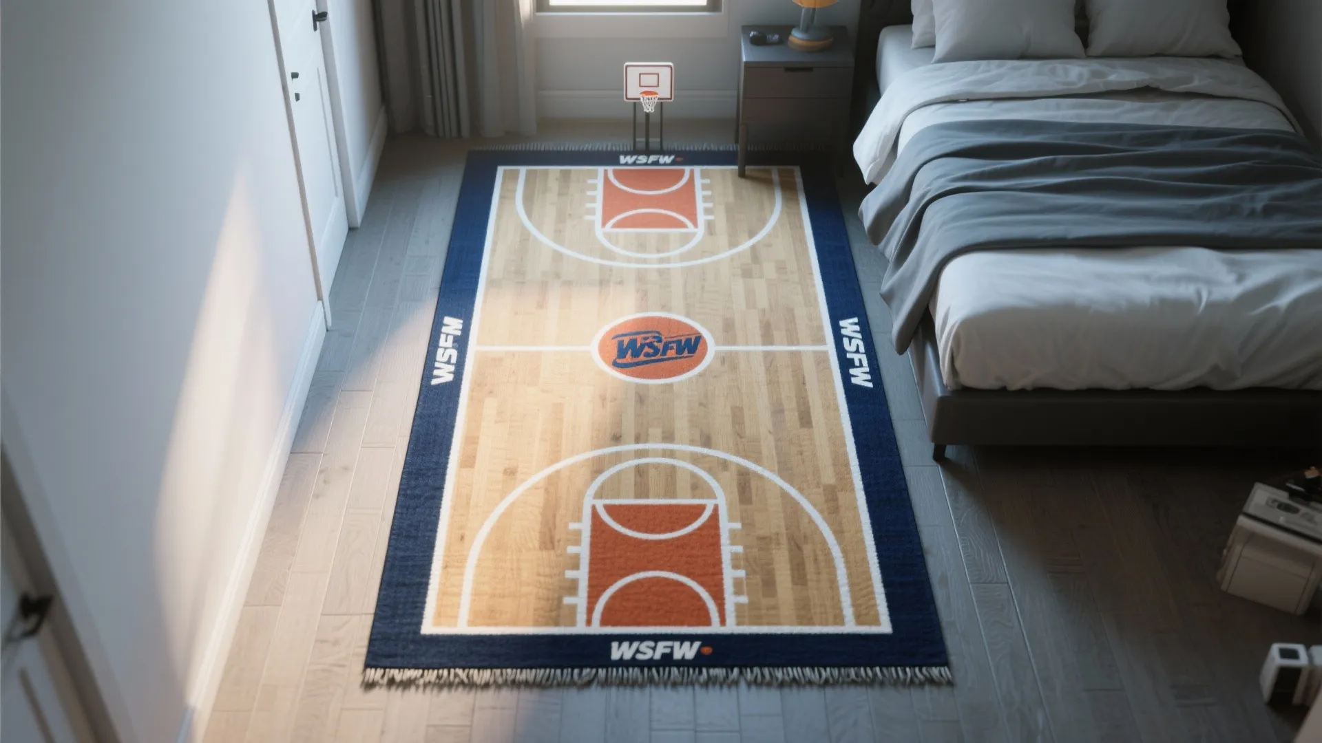 2. Court-floor decals and rugs to expand the space