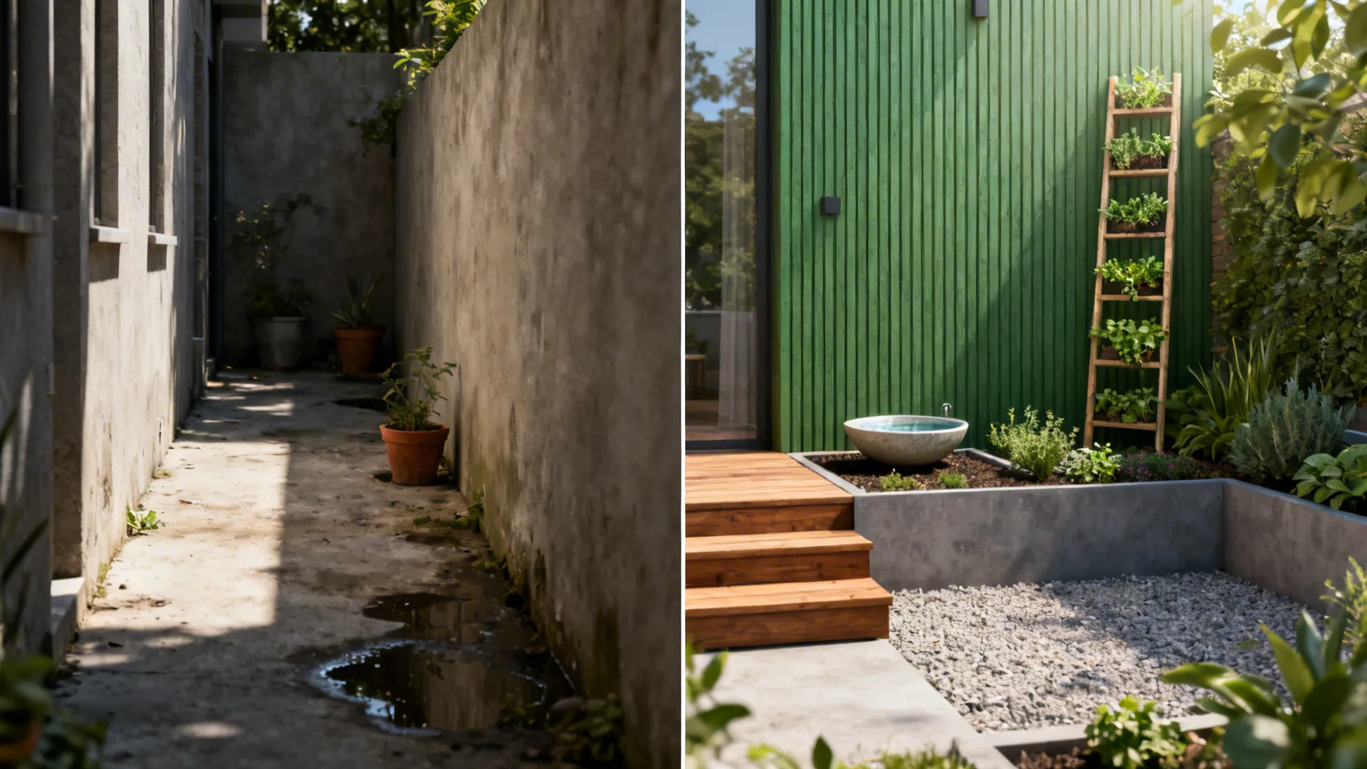 Before-and-after comparison of a shaded narrow courtyard transformed into a functional green oasis.