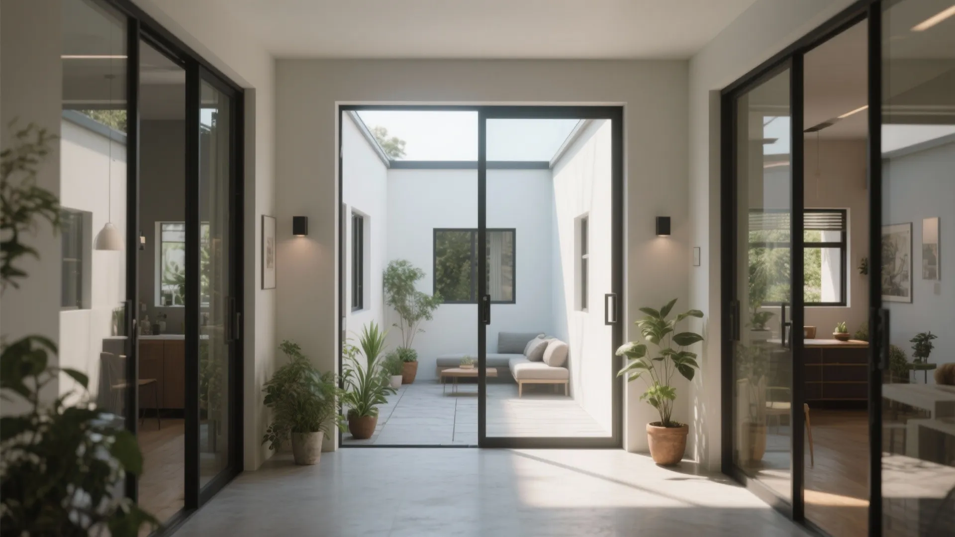 Small internal courtyard bringing daylight into surrounding rooms with seating and plants