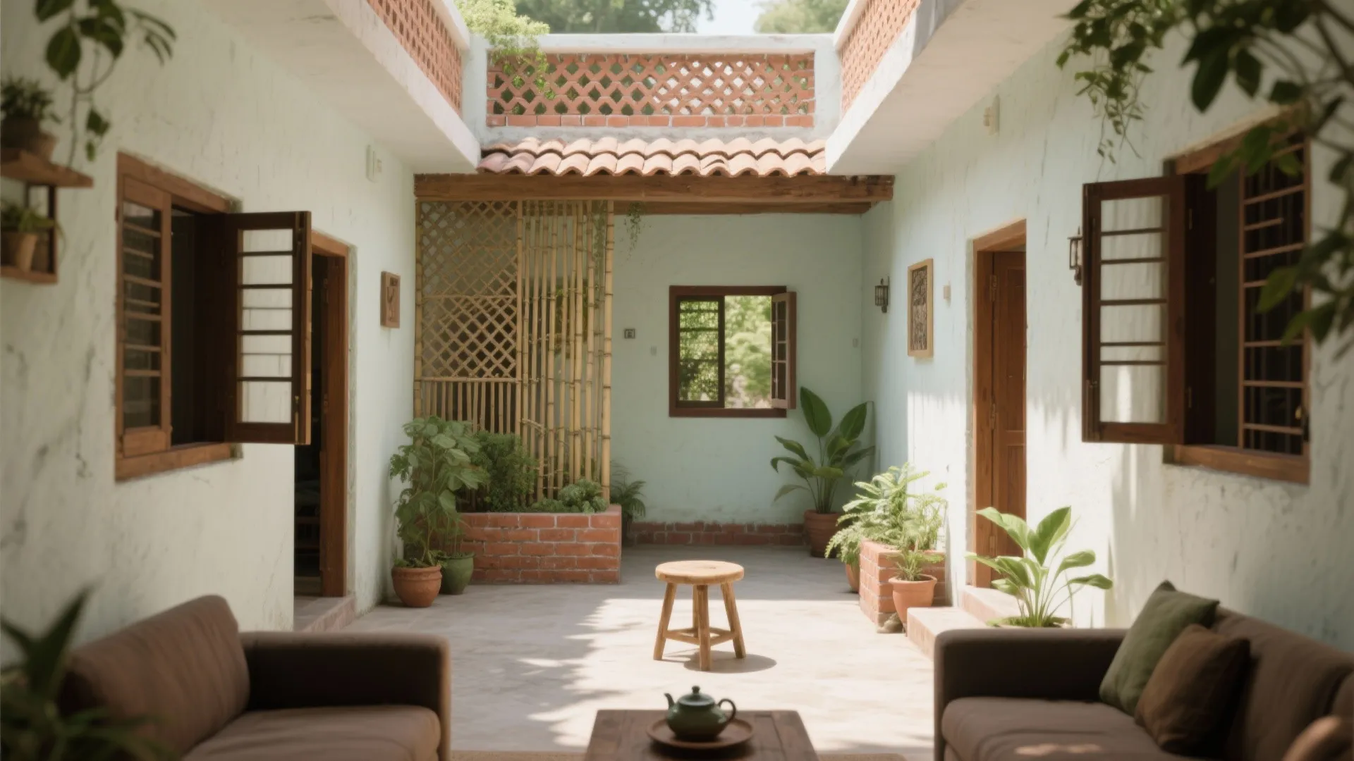 Traditional outdoor courtyard with white walls wood window frames green plants brown sofa and small stool