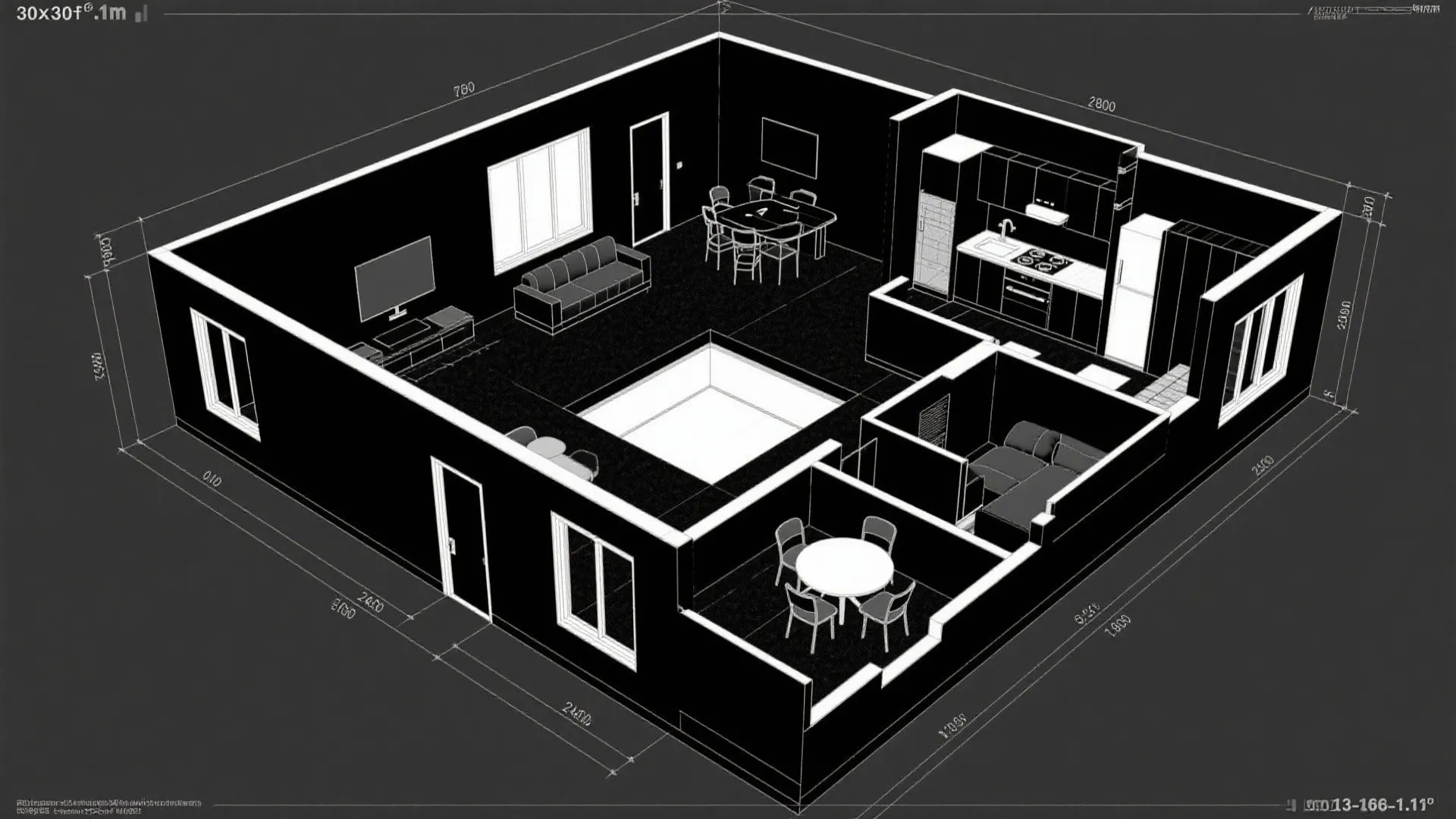 Top-down CAD plan with central light-well and three bedrooms around