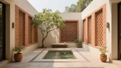 Serene Courtyard with Brick Lattice and Water Feature