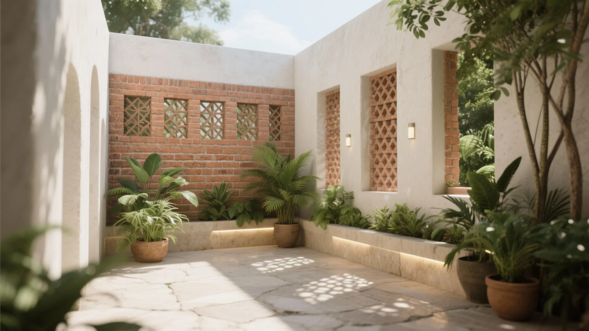 Sunny outdoor courtyard with stone floor green potted plants red brick walls and wall lights