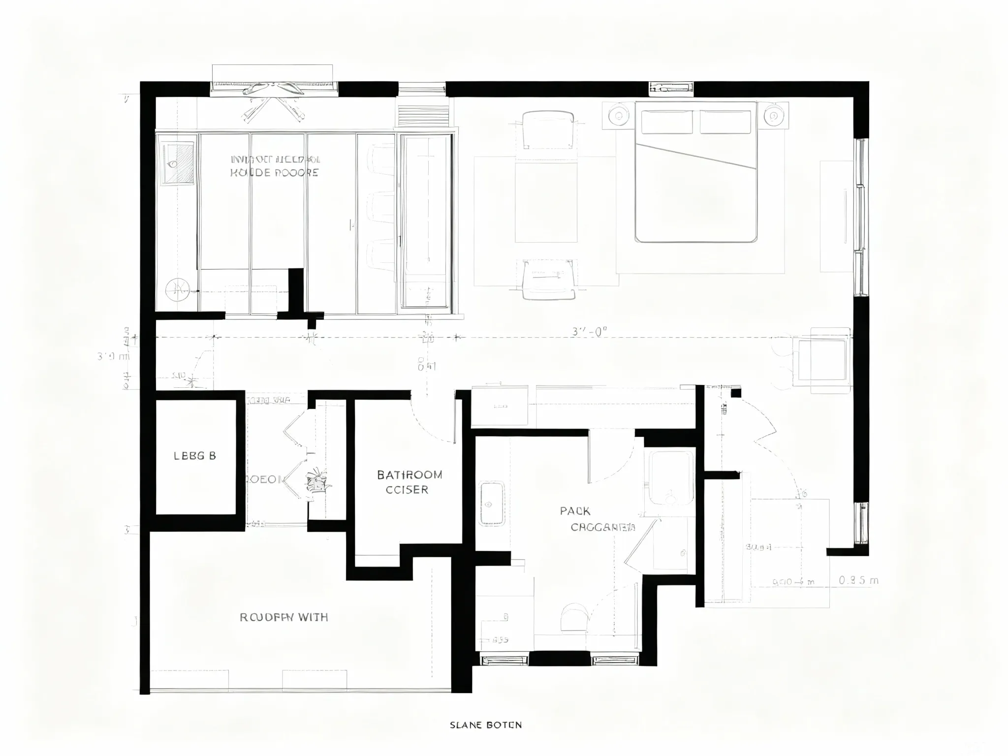 Top view floor plan showing a bedroom with bed plus a bathroom and small kitchen area