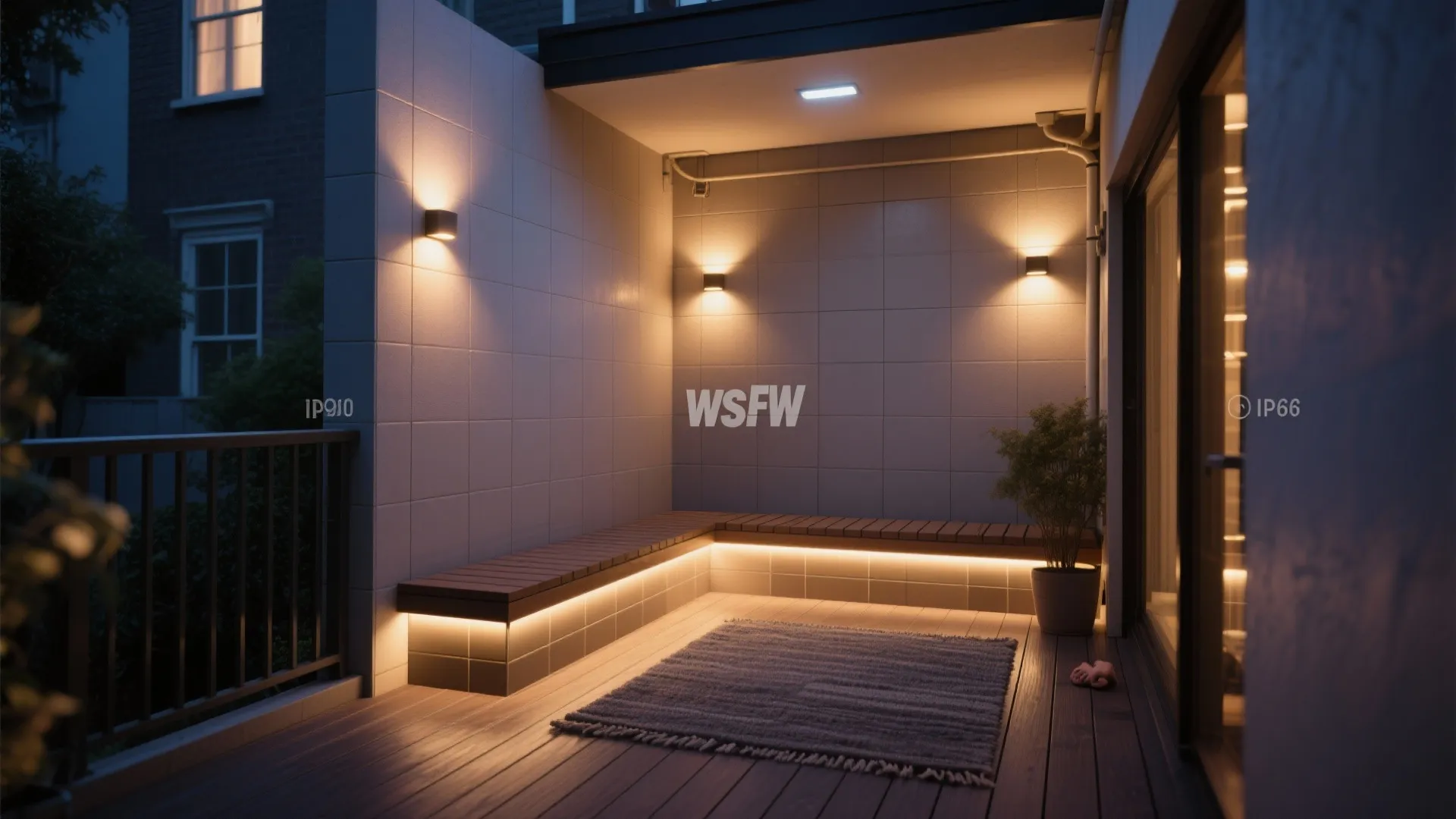 Modern balcony at night with warm wall lights, lighted wooden bench, grey rug and plant
