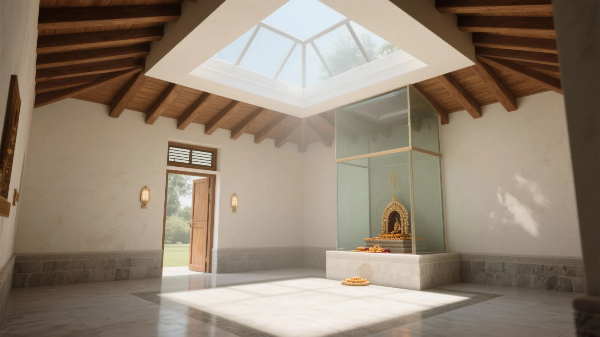 Courtyard lightwell with frosted skylight brings soft daylight to a Vastu-friendly pooja chowk design oriented northeast.