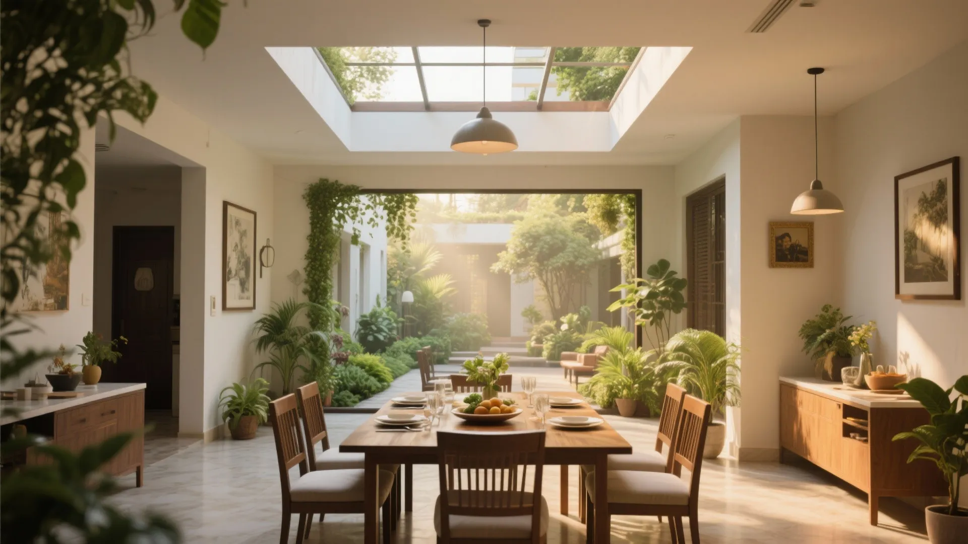 False atrium dining area with skylight and indoor garden