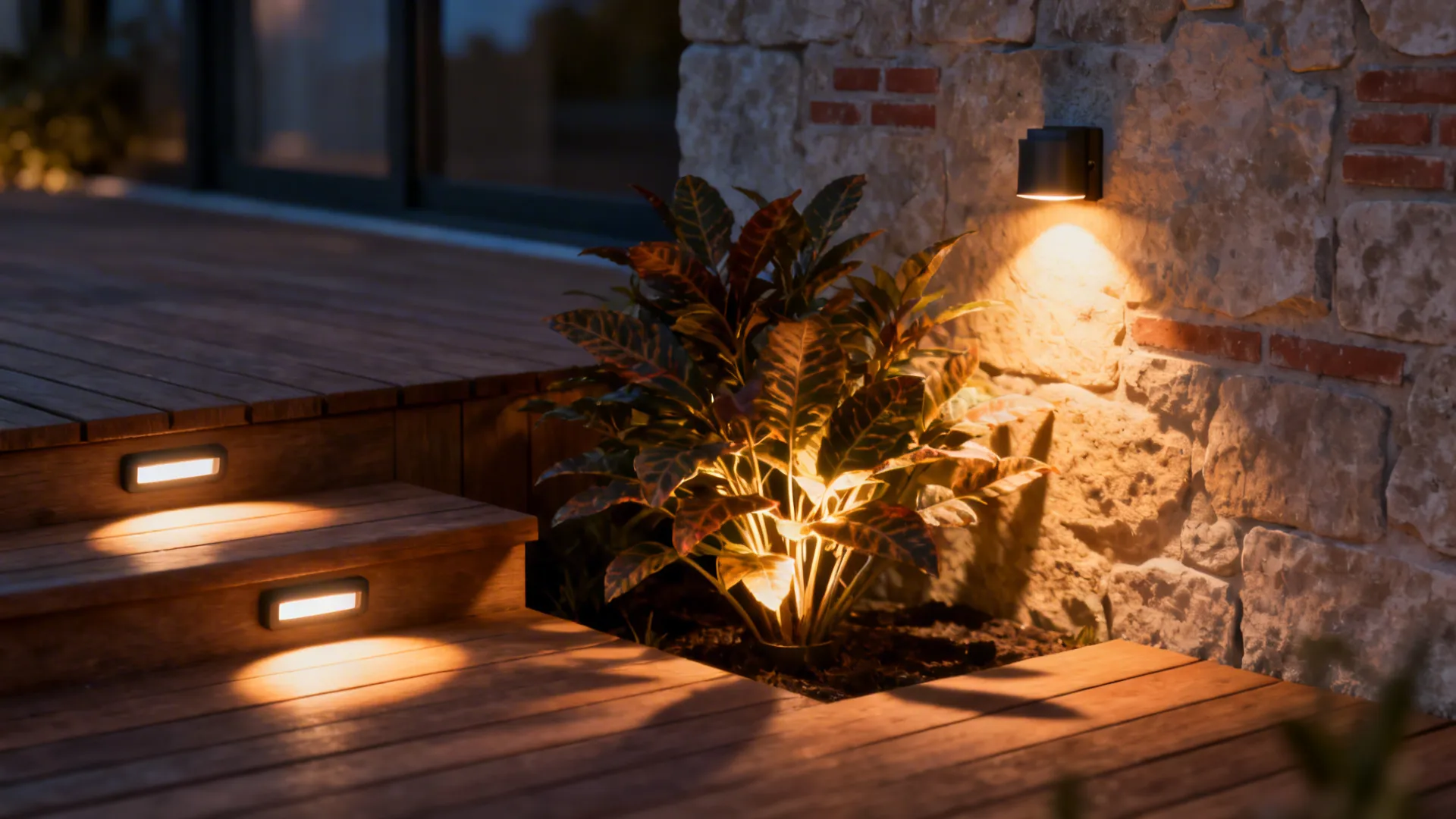 Warm LED up-lights, step lights and wall sconce creating evening ambiance in a small courtyard.