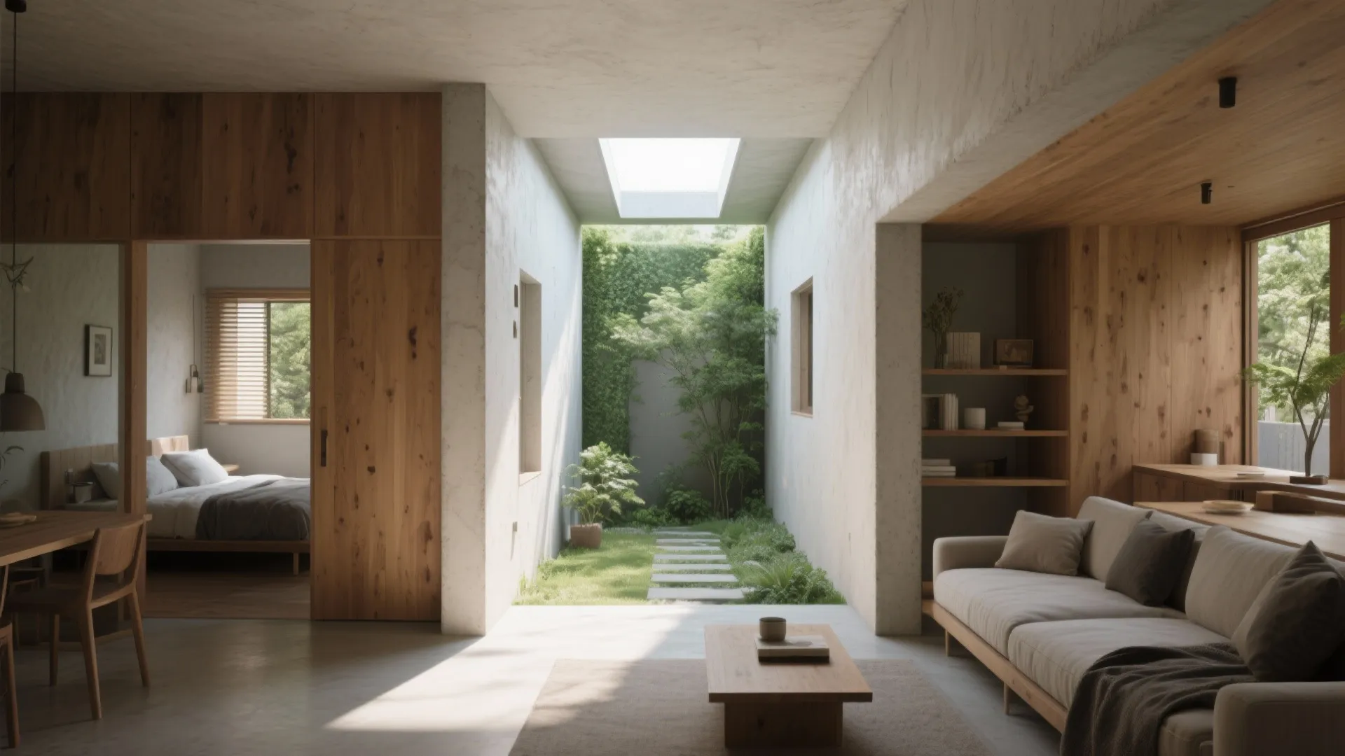 Minimalist interior design featuring indoor garden with roof window wooden walls sofa and small coffee table