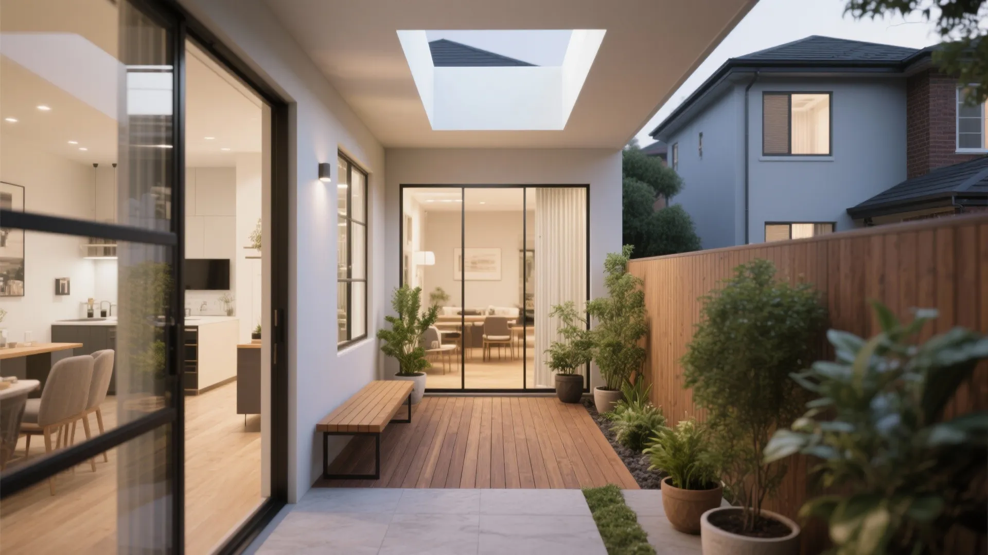 Small courtyard and light well bringing daylight and greenery into a modern 3-bedroom home's central areas.