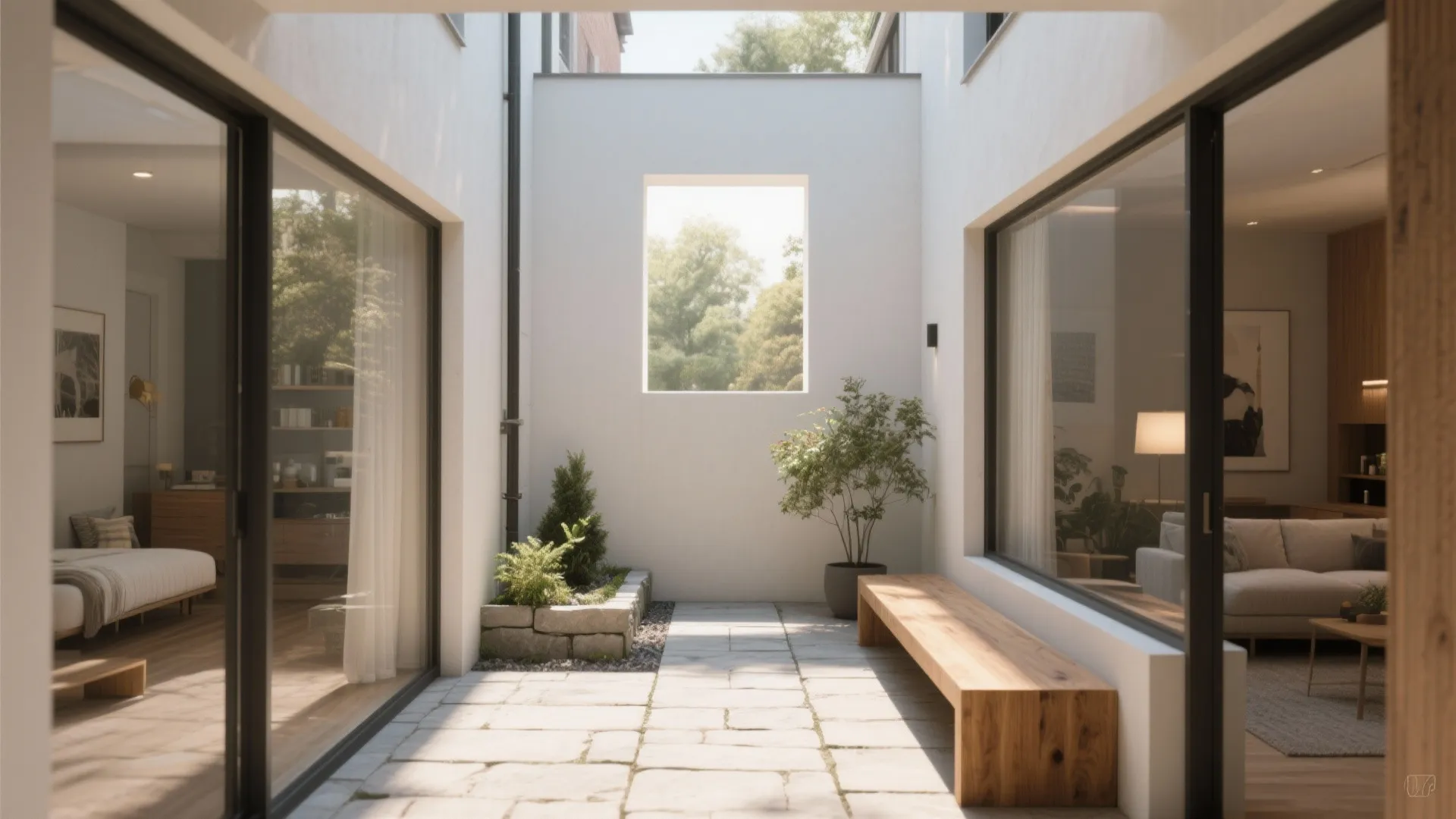 Small courtyard or light well bringing daylight and ventilation into a compact three-bedroom home.