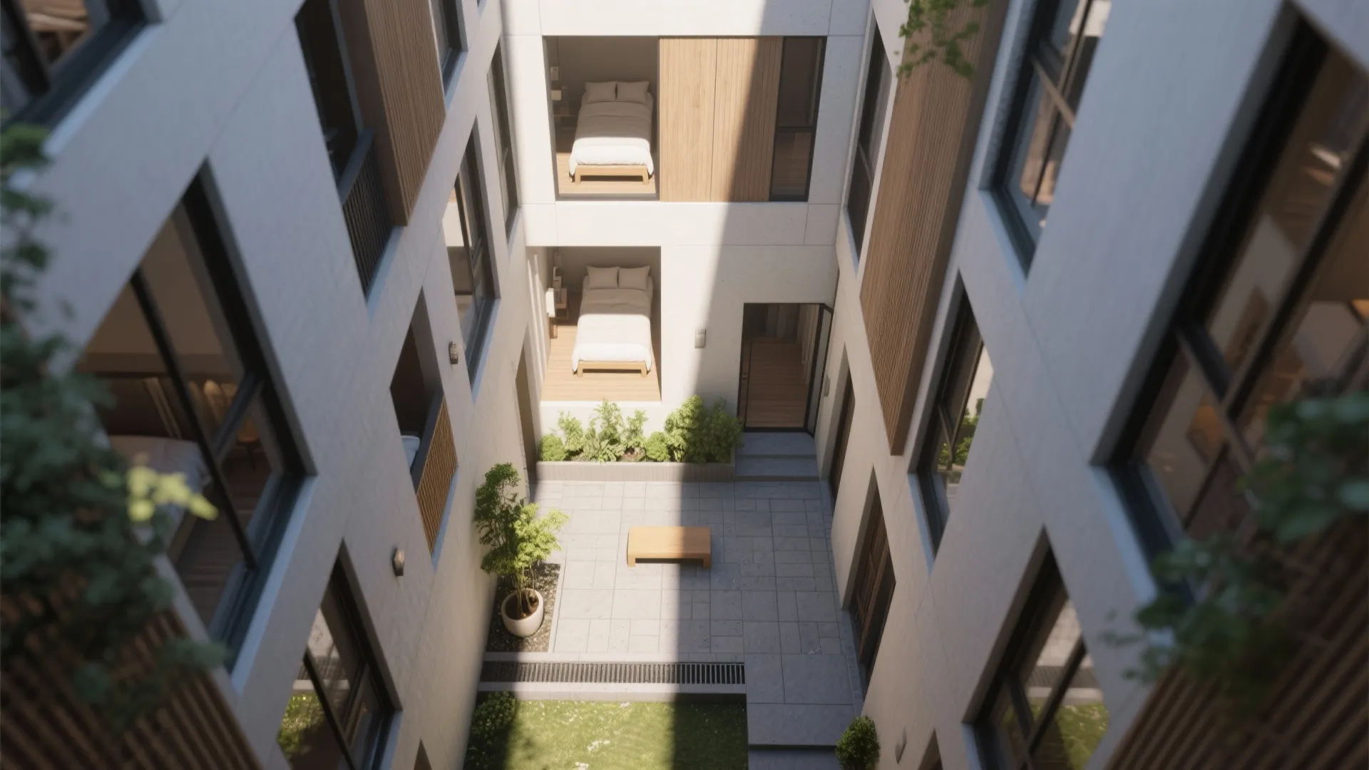 Interior design drawing of a central outdoor courtyard surrounded by multiple floors of modern bedrooms