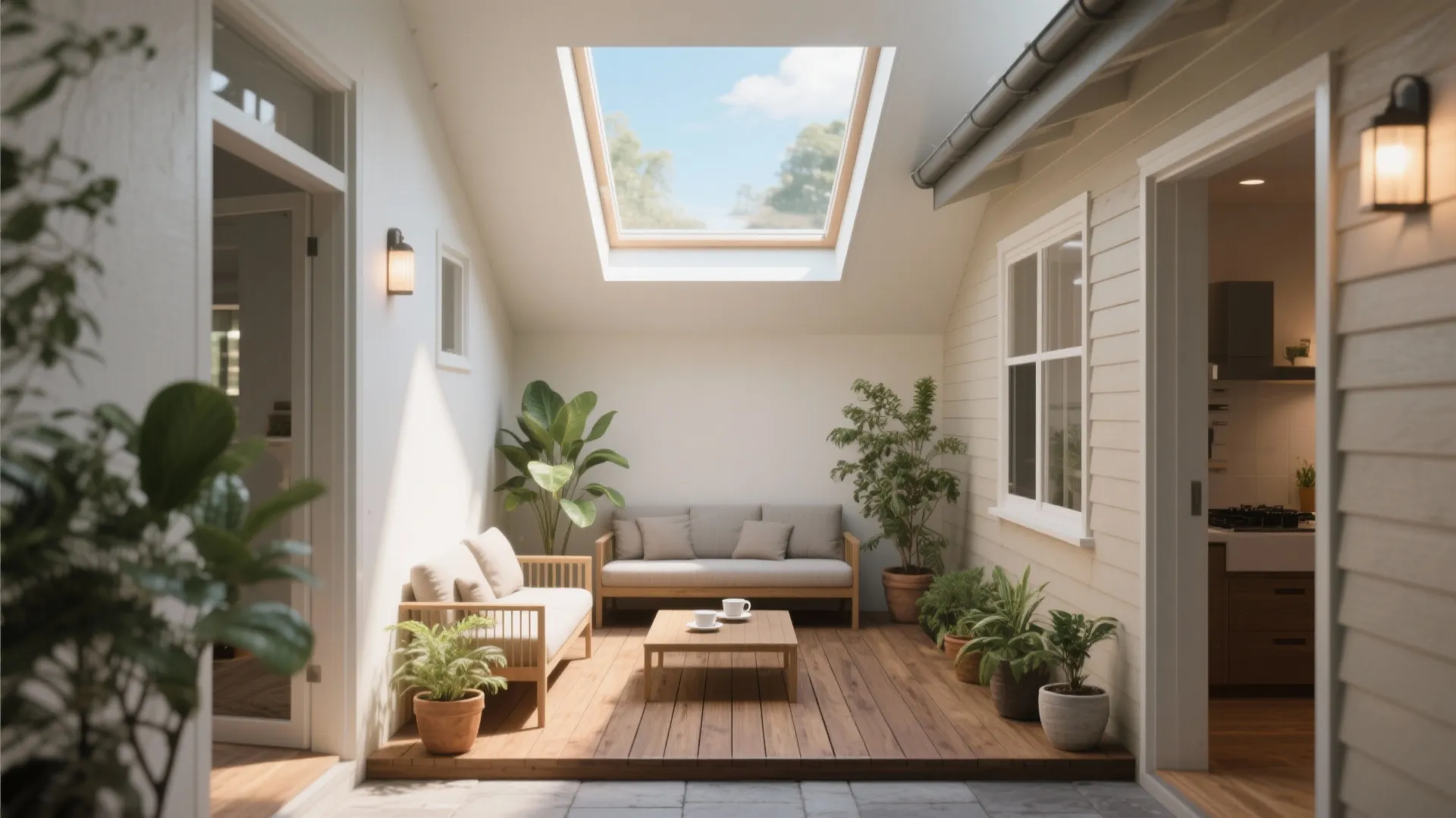 Compact courtyard light well bringing daylight into interior bungalow rooms