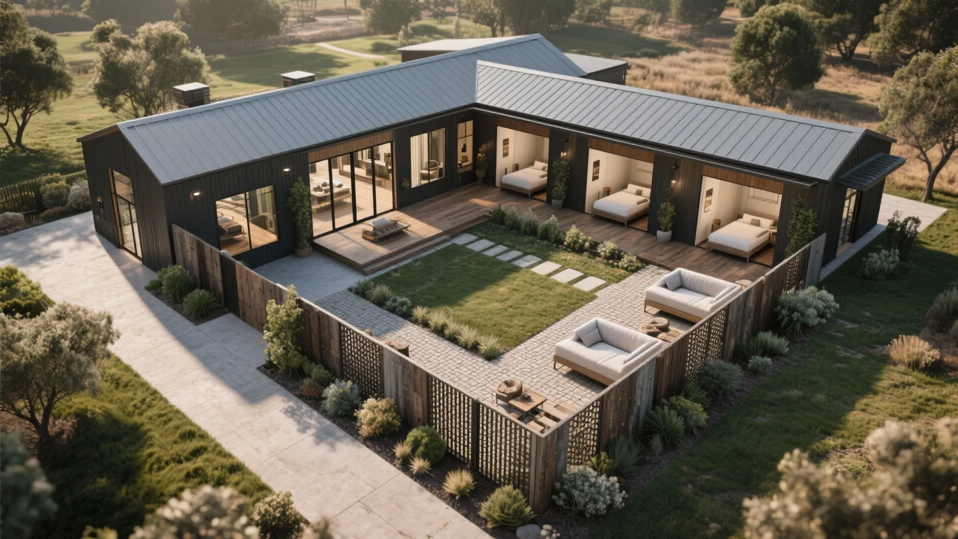 Aerial view of modern black house with lawn courtyard outdoor seating and three visible bedrooms