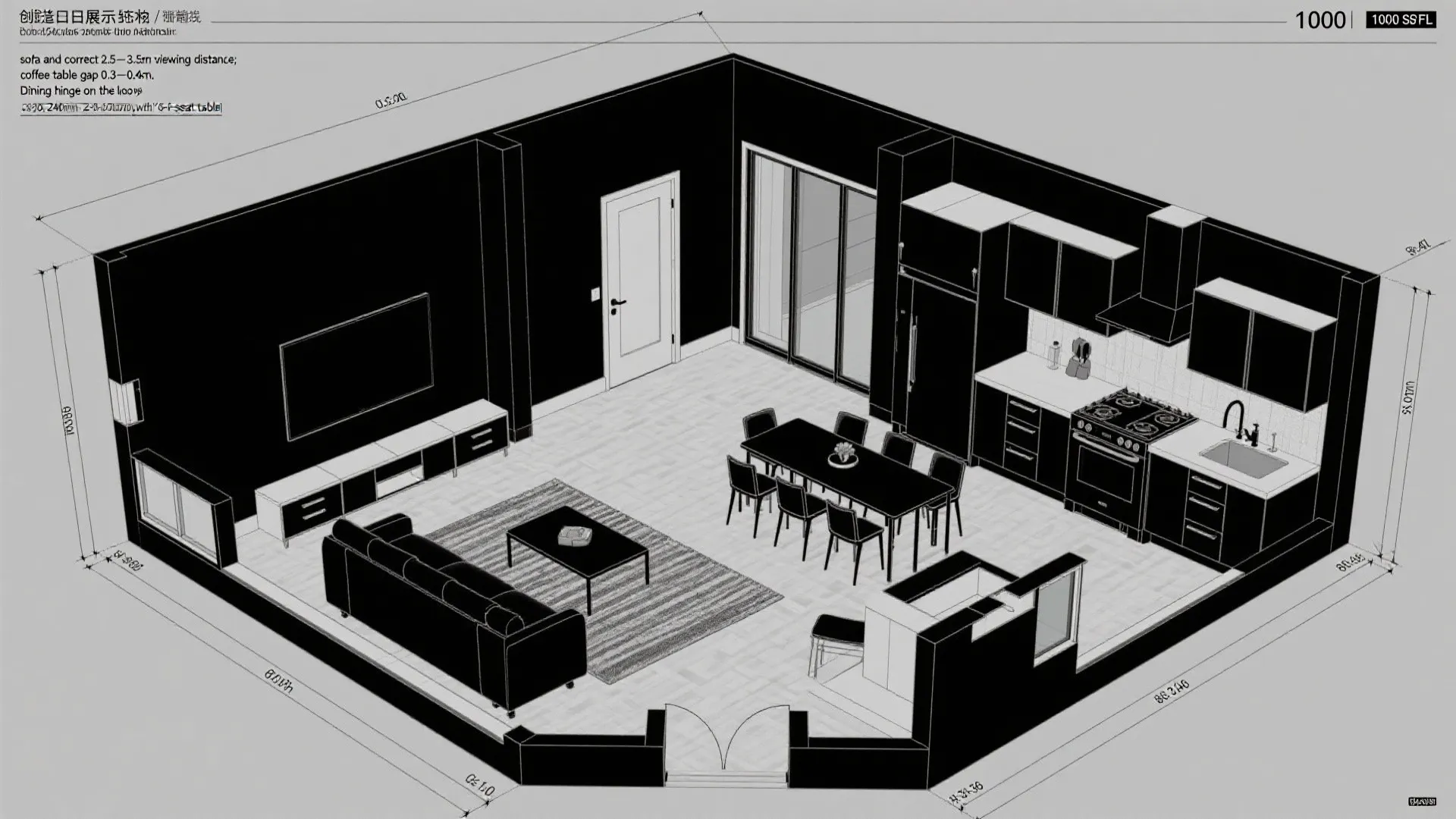 Top-down CAD plan with perimeter loop circulation and a corner den with sliding glass