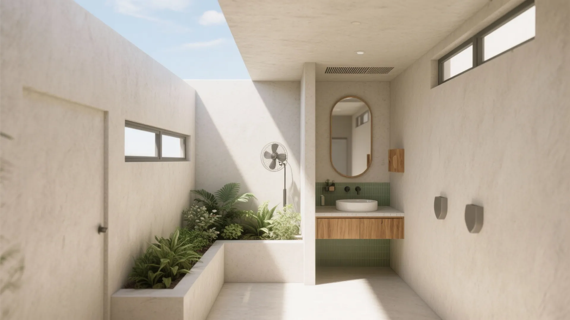 Minimalist outdoor bathroom area featuring white stone walls green plants wooden cabinet and an oval mirror