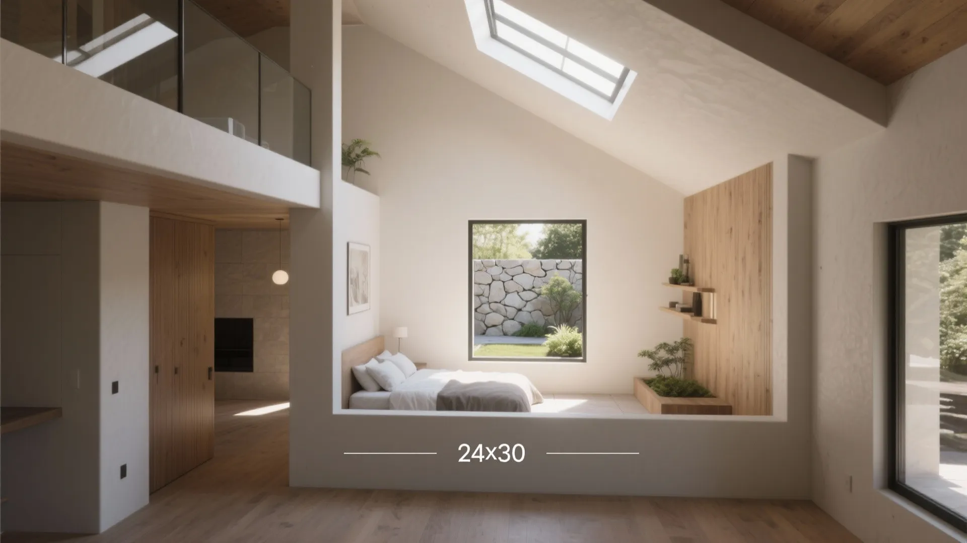 Minimalist bedroom with white walls wooden floor large window showing stone wall and roof window