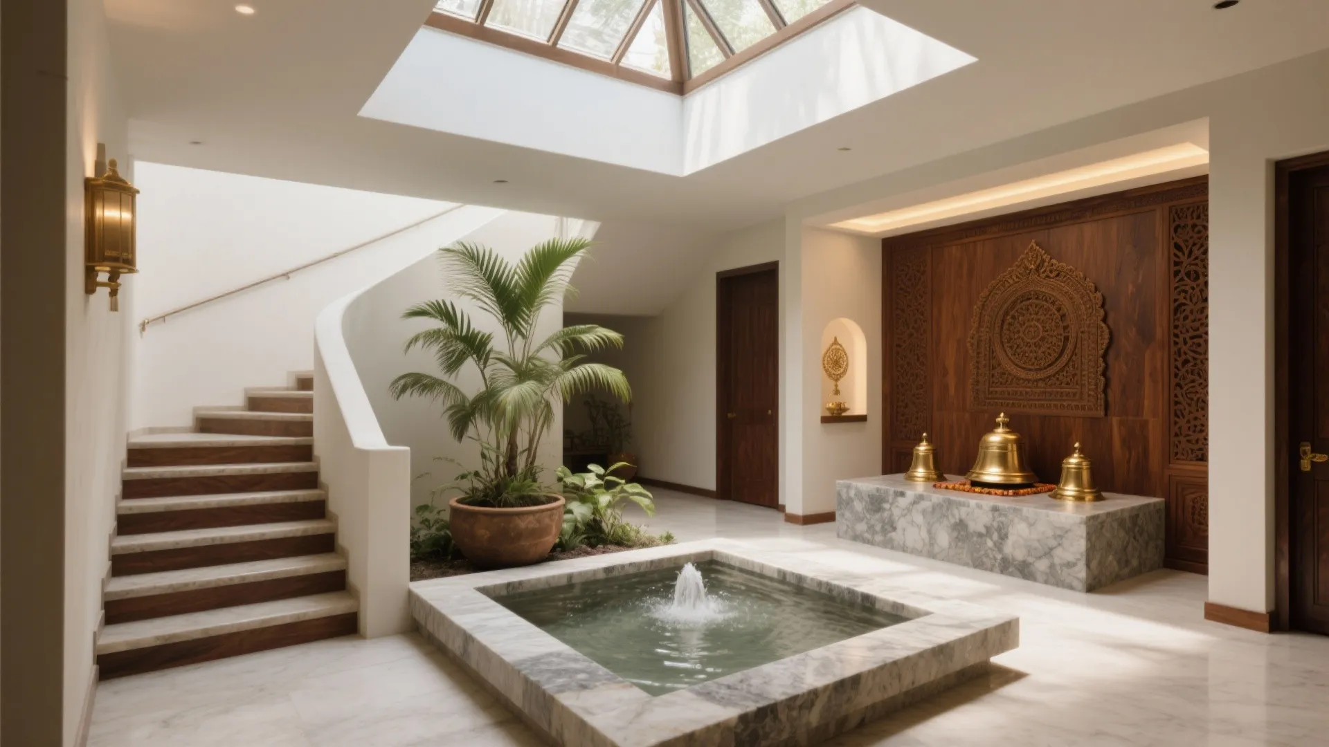 Mini atrium with skylight, planter, water feature beside a puja nook with granite platform and brass bells in Chennai.