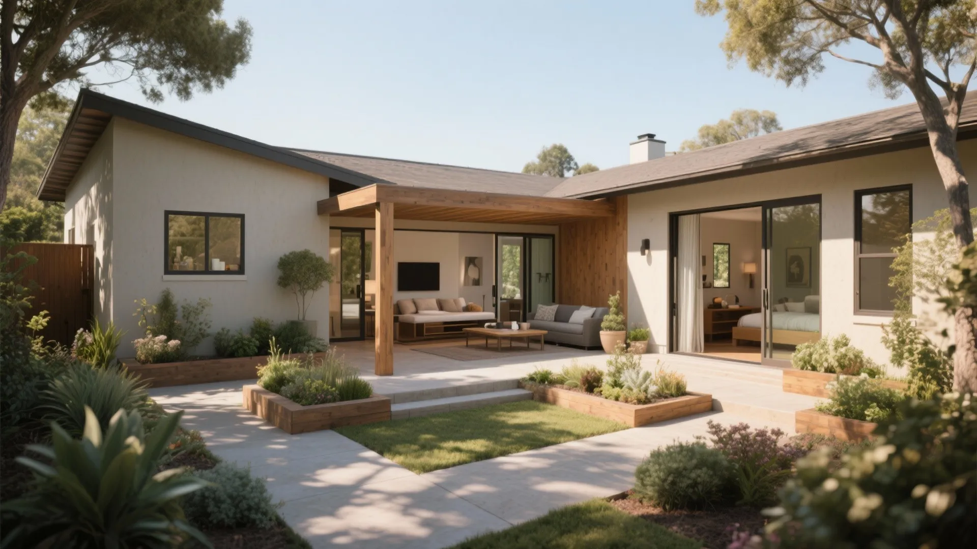 Central courtyard bringing daylight into the great room and master with sheltered patio